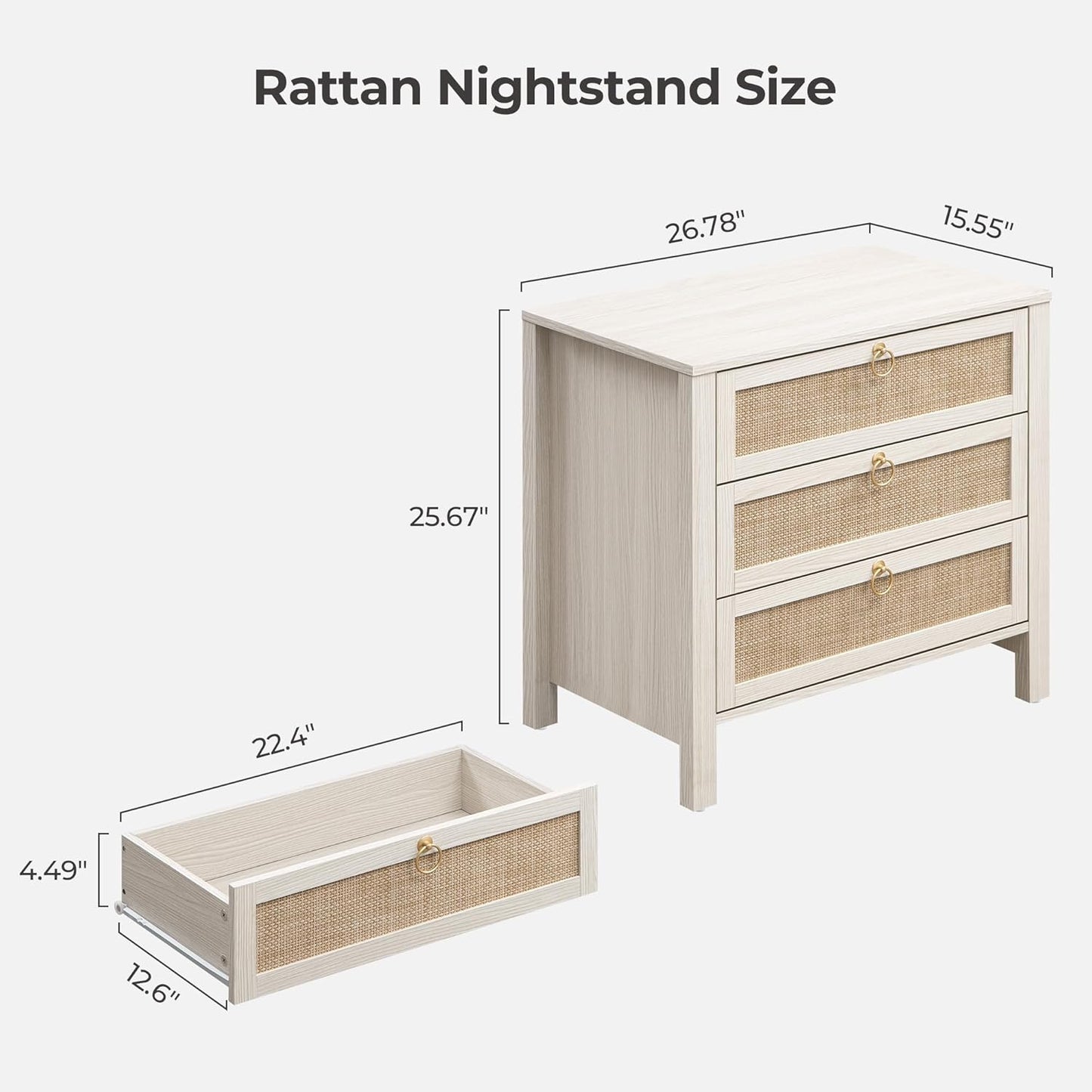 SICOTAS White Nightstand Set 2 with Drawers - Large Rattan Bedside Table with Golden Handle, 3 Drawers Night Stand Tall End Table 26.78" Wide Side Table Boho Nightstand for Bedroom