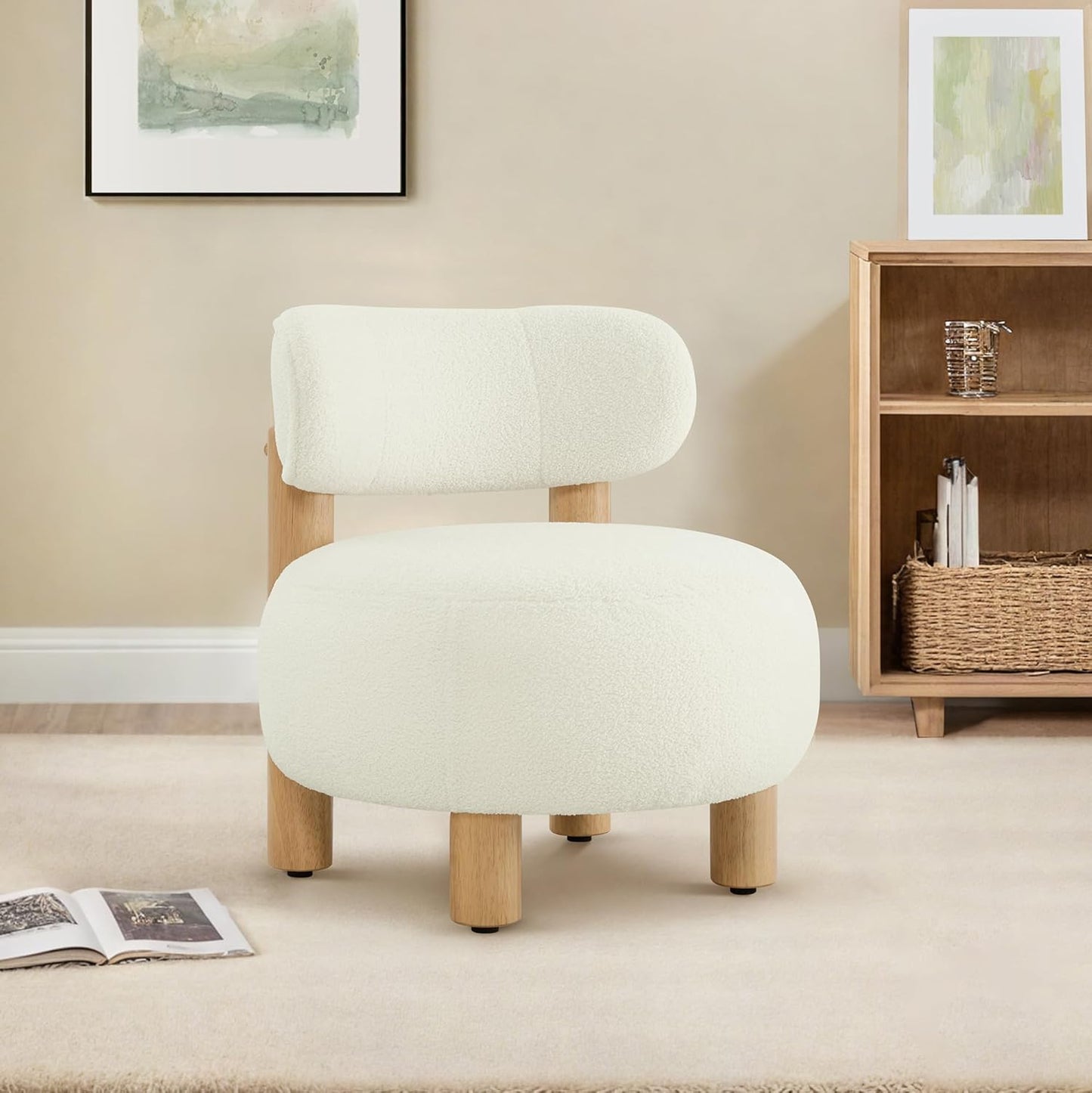 Modern Boucle Accent Chair Set of 2, with Plush Faux Sherpa Upholstery, Curved Backrest, Solid Wood Legs for Living Room Bedroom Reading Nook, 27.5", White