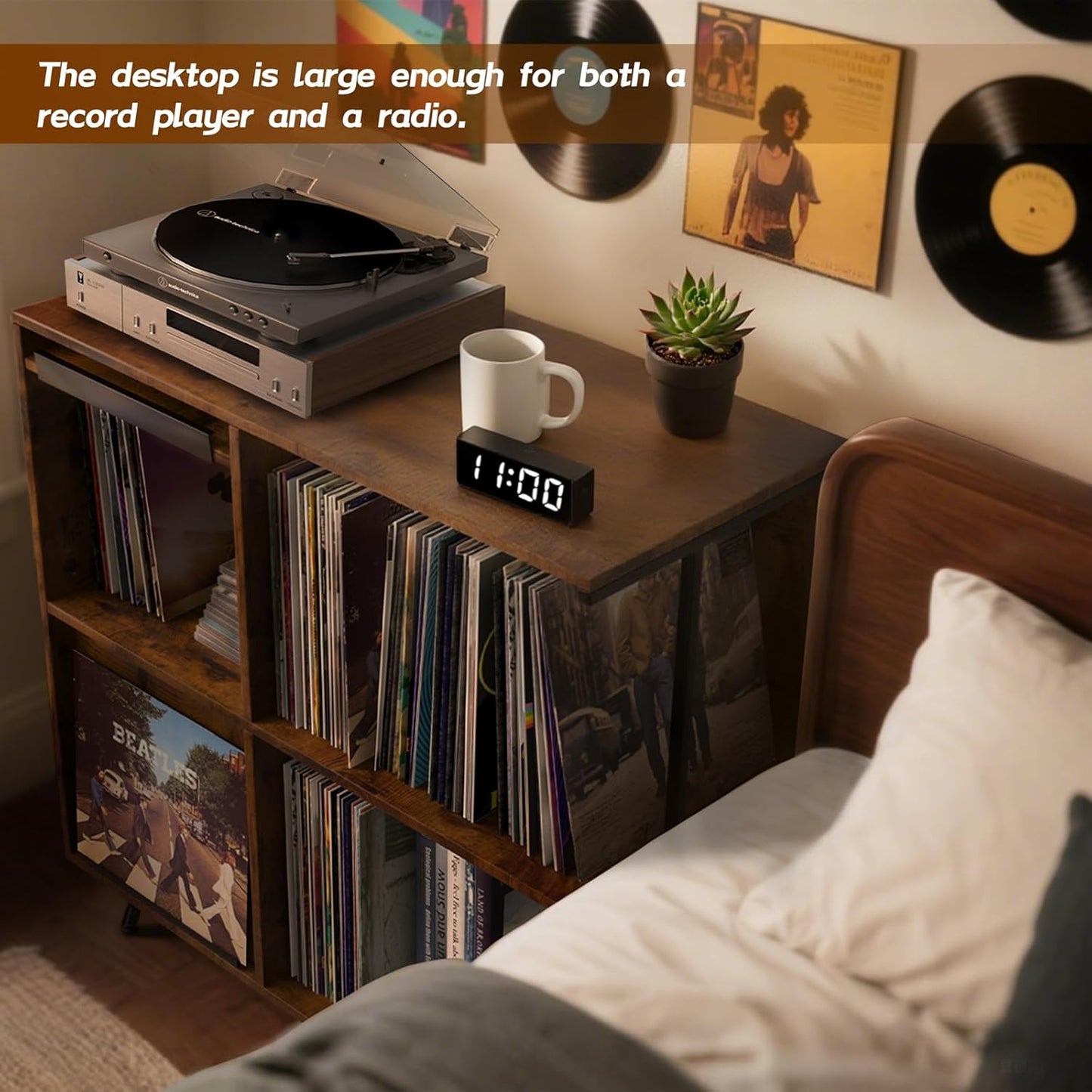 3 Tier Record Player Stand, Flip Top Record Player Cabinet, Mid Century Record Player Table with Shelves Holds up to 300+ Albums, Vinyl Record Storage with 4 U-Dividers for Living Room Bedroom, Brown