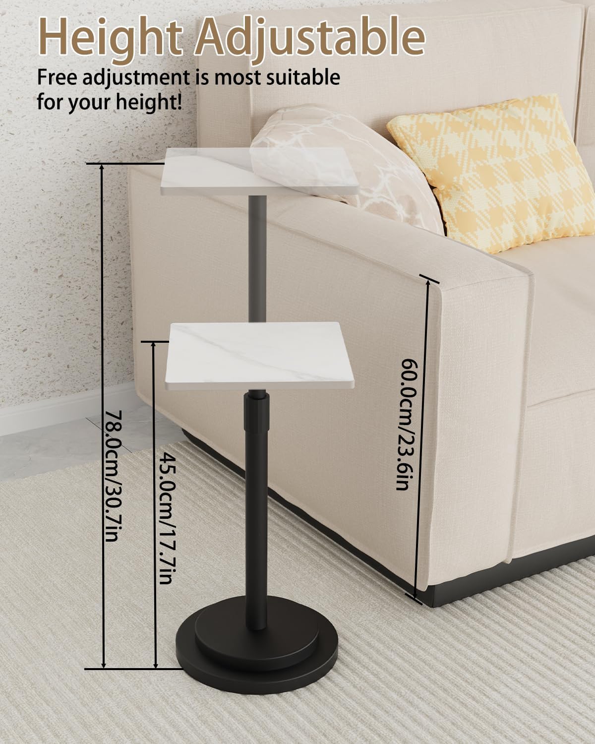 Versatile End Table with Metal Base, Height Adjustable, Vintage Square Indoor Metal Plant Stand, for Sofa, Bedside Small Couch, Living Room and Bedroom, 1 Pack, White, GBZ001SW-1