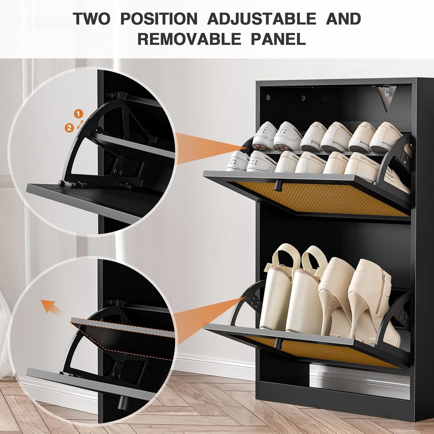 Rattan Shoe Cabinet for Entryway Slim, Entrance Shoe Cabinet with Flip Drawers Narrow, 2 Tier Hidden Shoe Organizer for Foyer, Dorm, Small Space, Black