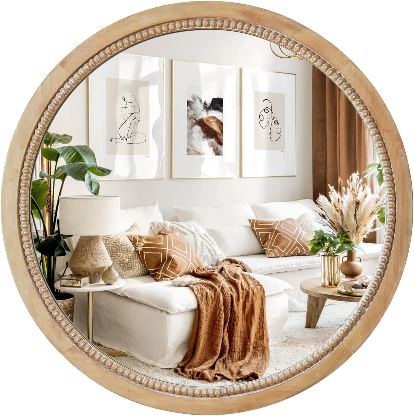 Sawsile Round Decorative Circle Farmhouse Style Mirror - 18inch Rustic Natural Wooden Frame Beads for Bedroom, Bathroom, Living Room or Entryway