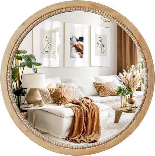 Sawsile Round Decorative Circle Farmhouse Style Mirror - 18inch Rustic Natural Wooden Frame Beads for Bedroom, Bathroom, Living Room or Entryway