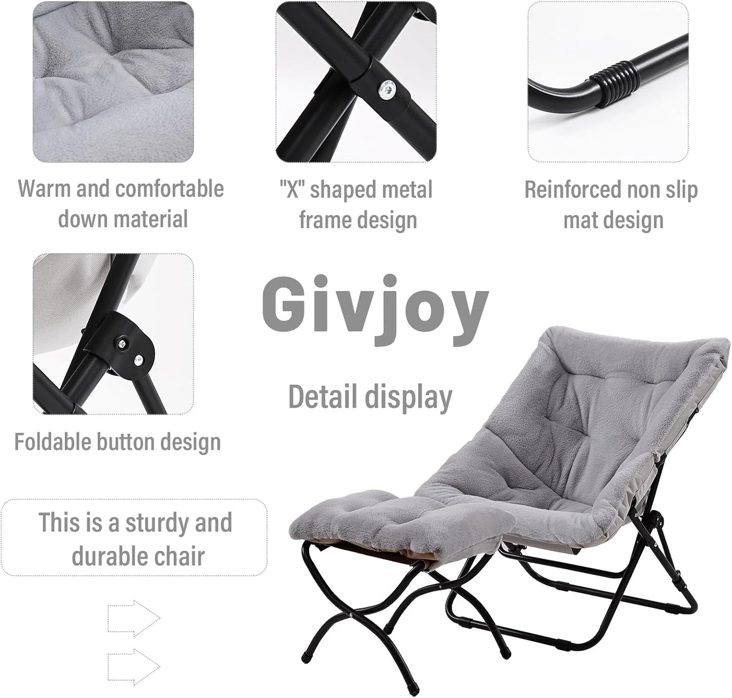 Comfy Folded Chair with Ottoman, Oversized Folding Faux Fur Chair Soft Furry Lounge Lazy Chair with Metal Frame Moon Chair Accent Chair for Bedroom, Living Room, Dorm Rooms