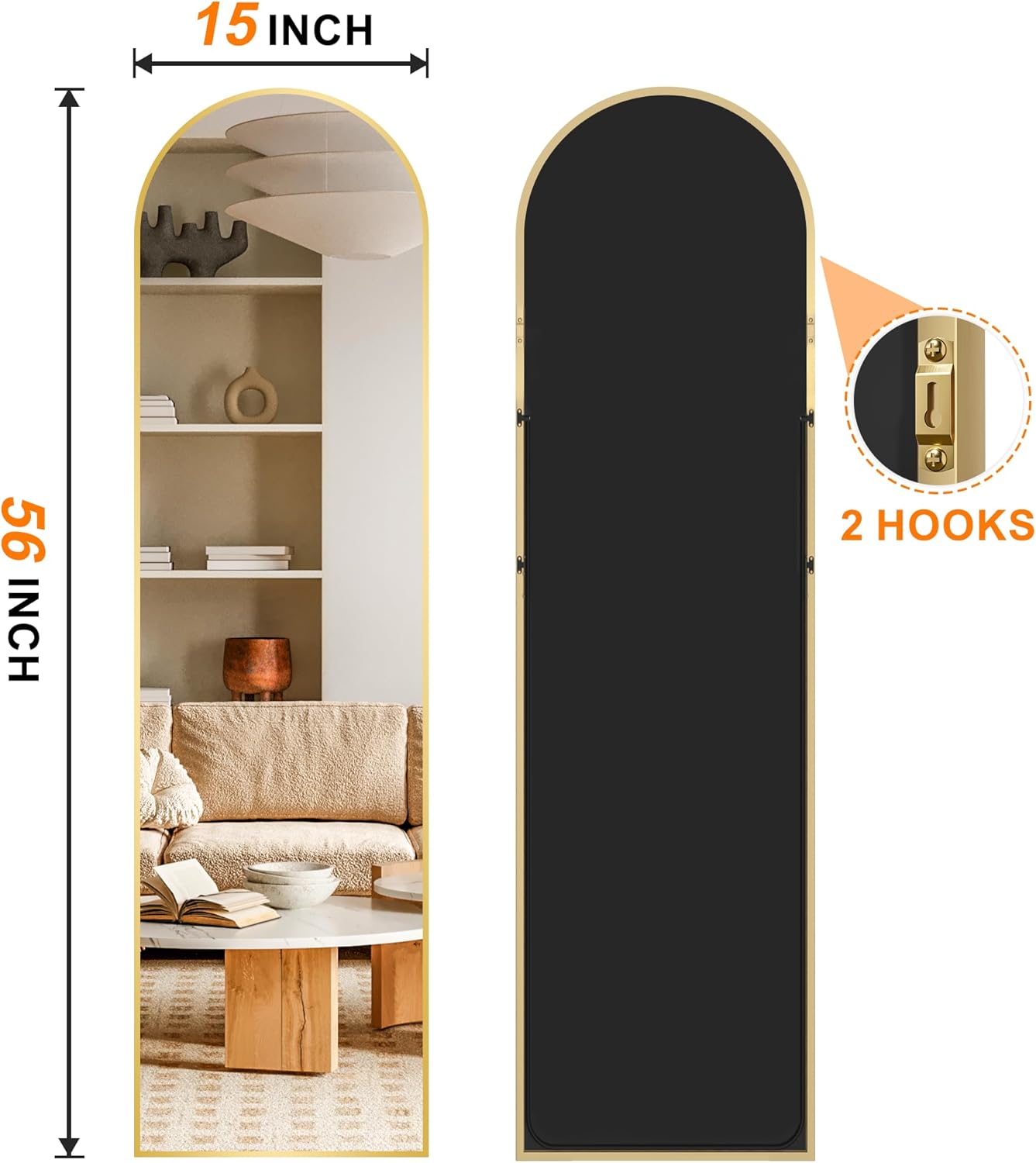 Arched Full Length Mirror, 56"x15" Standing Body Mirror for Wall, with Aluminum Alloy Frame for Bedroom, Living Room, Dressing Room(Gold)
