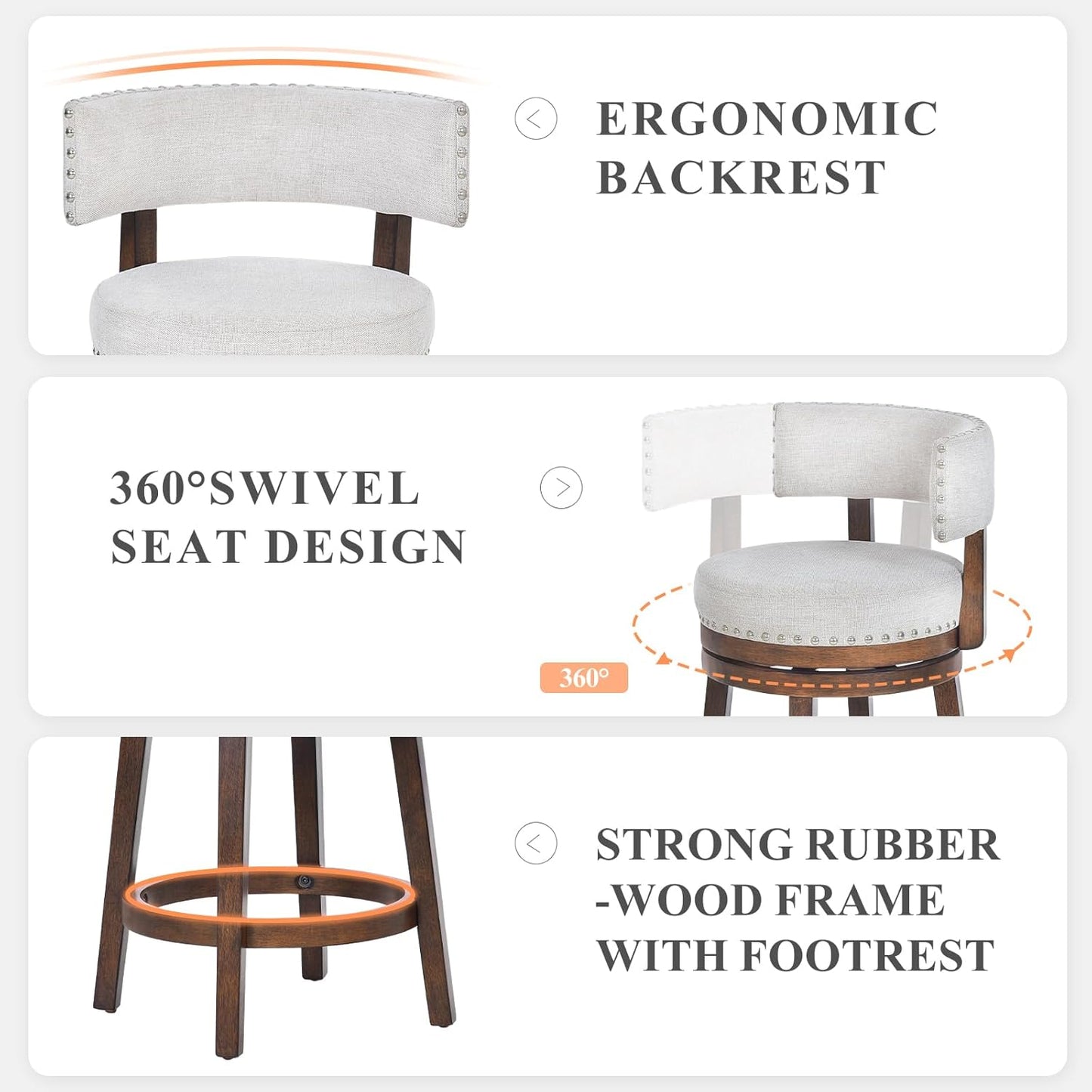 COLAMY Swivel Bar Stool Set of 2, Modern Swivel Barstool with Back, Counter Height Bar Stools, 25 Inch Upholstered Wood Barstool for Kitchen Island Dining Room Bar, Beige