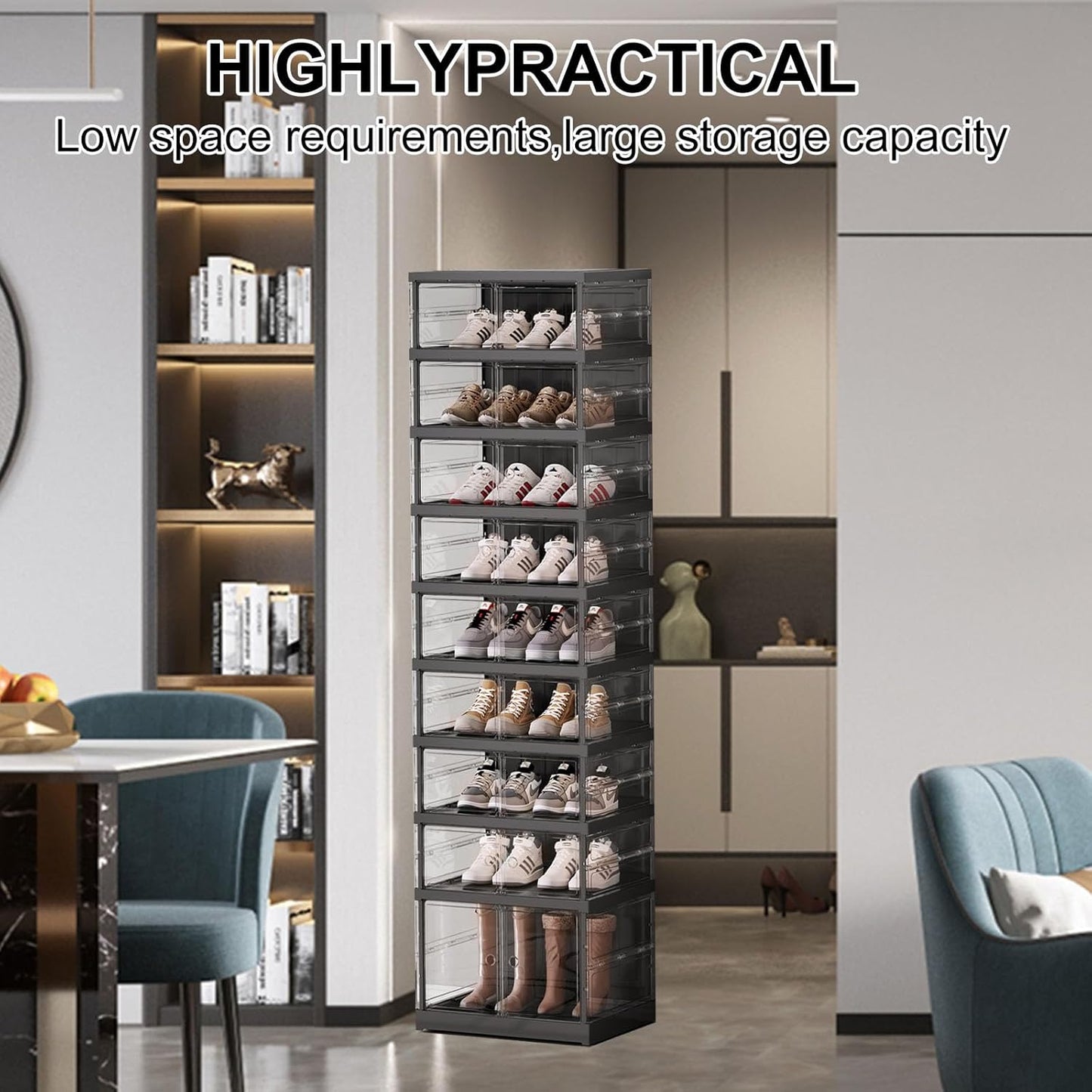 ELPHECO 9 Tier 18 Pairs Foldable Shoe Rack - Clear Shoe Rack Organizer, Folding Entryway Shoe Cabinet, Collapsible Sneaker with Magnetic Doors, Stackable Shoe Shelf,Three-Sided Clear Shoe Box, Black