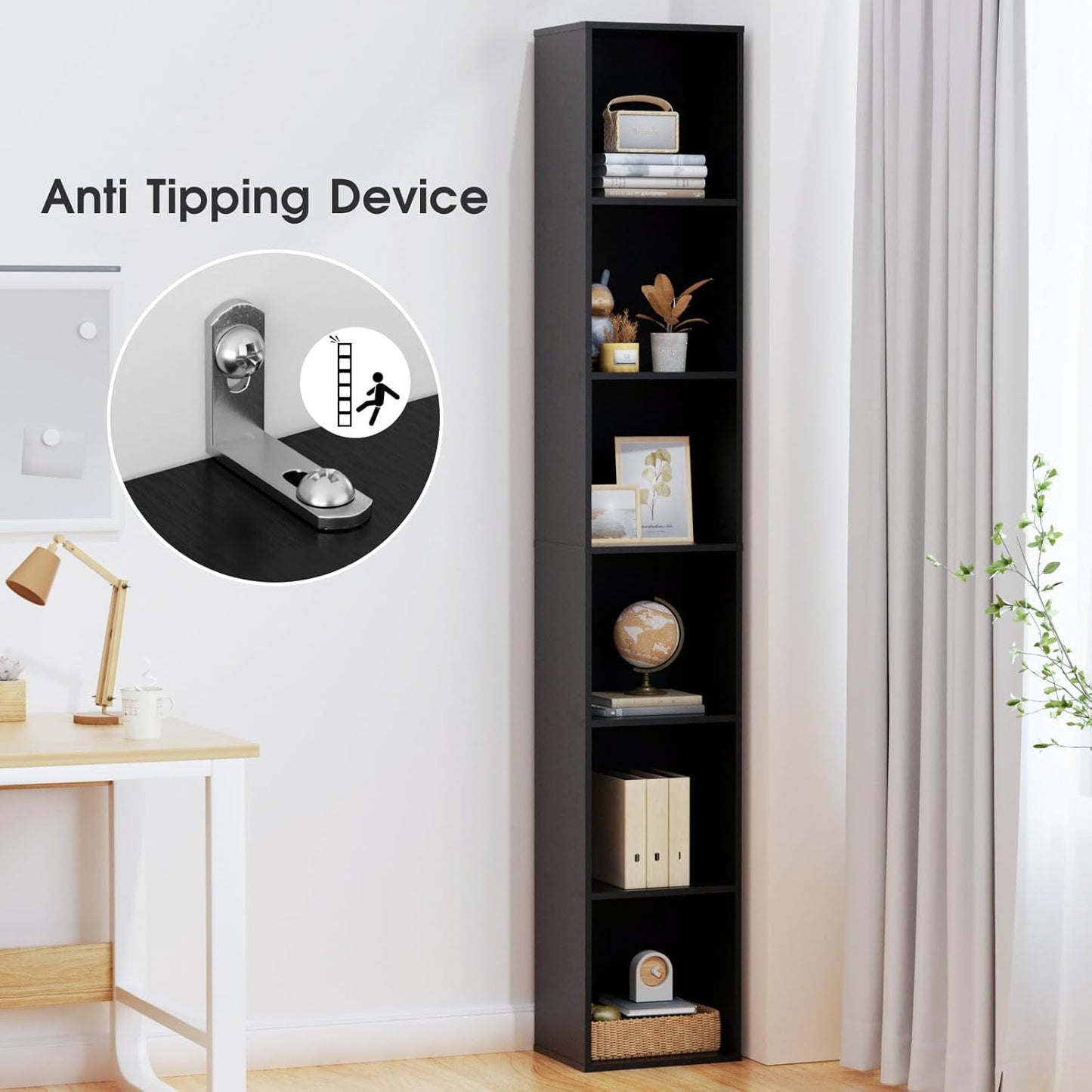 Tall Narrow Bookshelf 6-Tier Bookcase,70.5" Skinny Thin Corner Shelf Slim Storage Cabinet,Wood DVD CD Media Cube Organizer Tower Rack for Small Spaces, Bedroom, Living Room, Office,Black