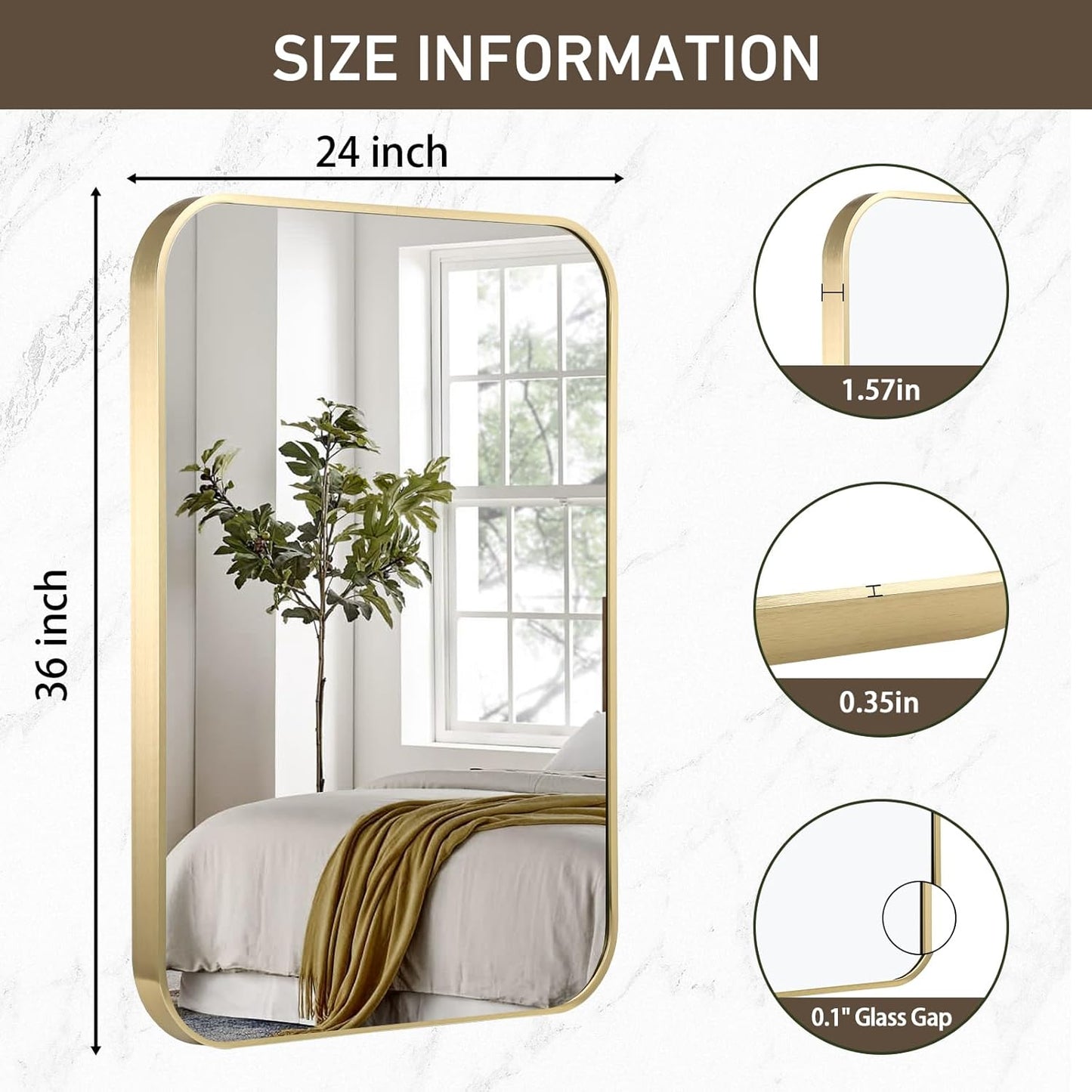 Gold Bathroom Mirror, 24x36 Inch Brushed Gold Mirror, Aluminum Alloy Framed Vanity Mirror, Rounded Rectangle Mirror for Over Sink, Anti-Rust Wall Mirror (Horizontally or Vertically)