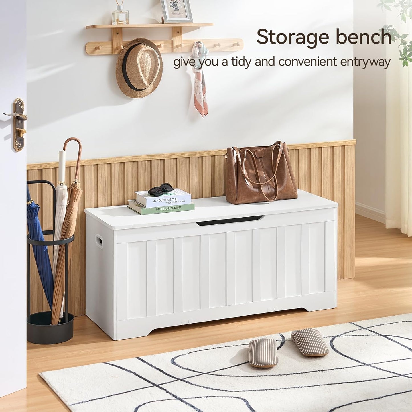 43.3" Storage Chest Extra Large,Storage Trunk with 2 Safety Hinges,Wooden Storage Bench,Shoe Bench,43.3x15.7x19.1 Inch,Easy Assembly,Storage Bench for Bedroom,Living Room,entryway(White).
