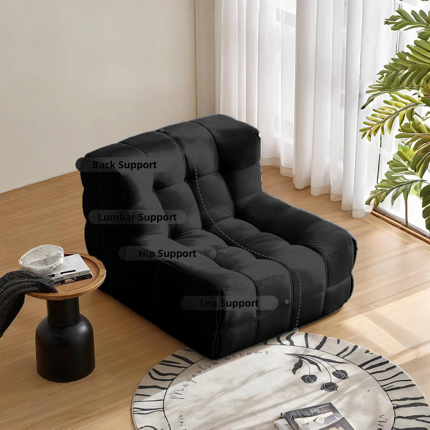 Bean Bag Chair - Memory Foam Bean Bag Chair for Adults, Comfy High-Resilience Single Sofa, Small Space Floor Chair, Chaise Lounge for Living Room, Bedroom (Black, Square)