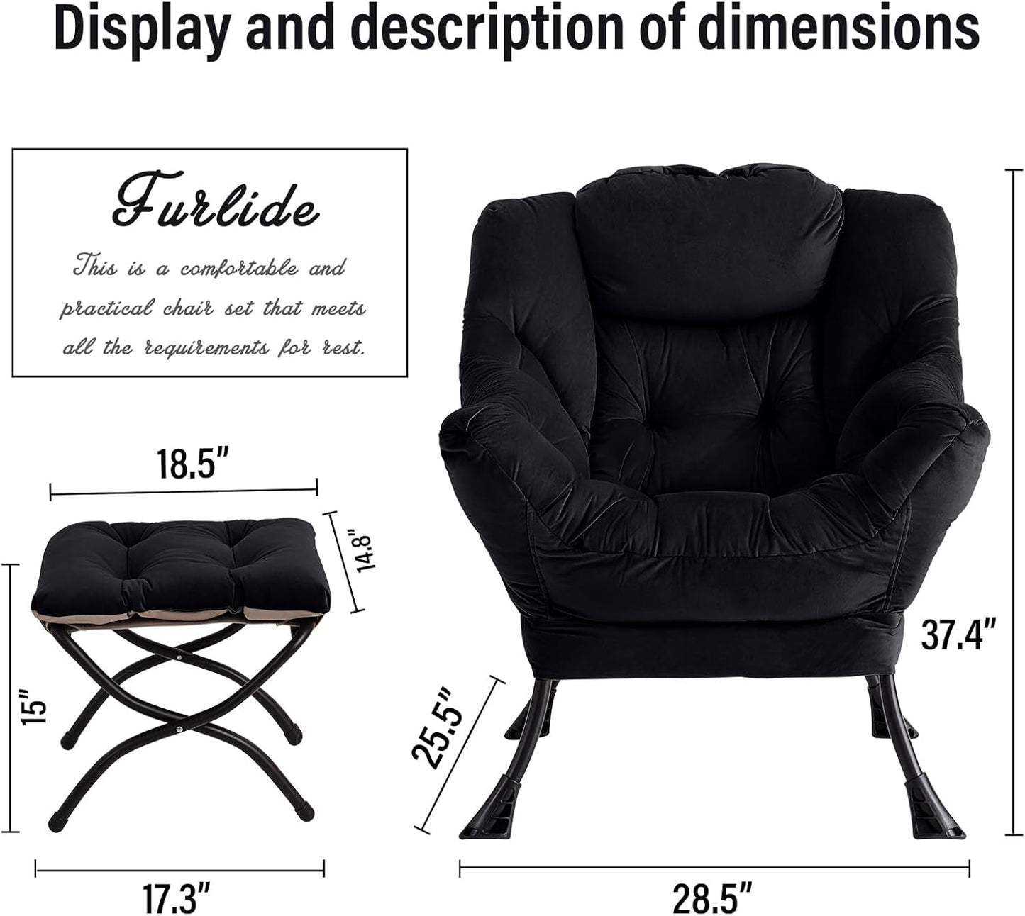 Lazy Chair with Ottoman, Modern Chair with Folding Footrest, Lounge Accent Chair, Comfortable Reading Chair, Oversized Armchairs for Bedroom, Study, Living Room, Courtyard (Velvet Black)