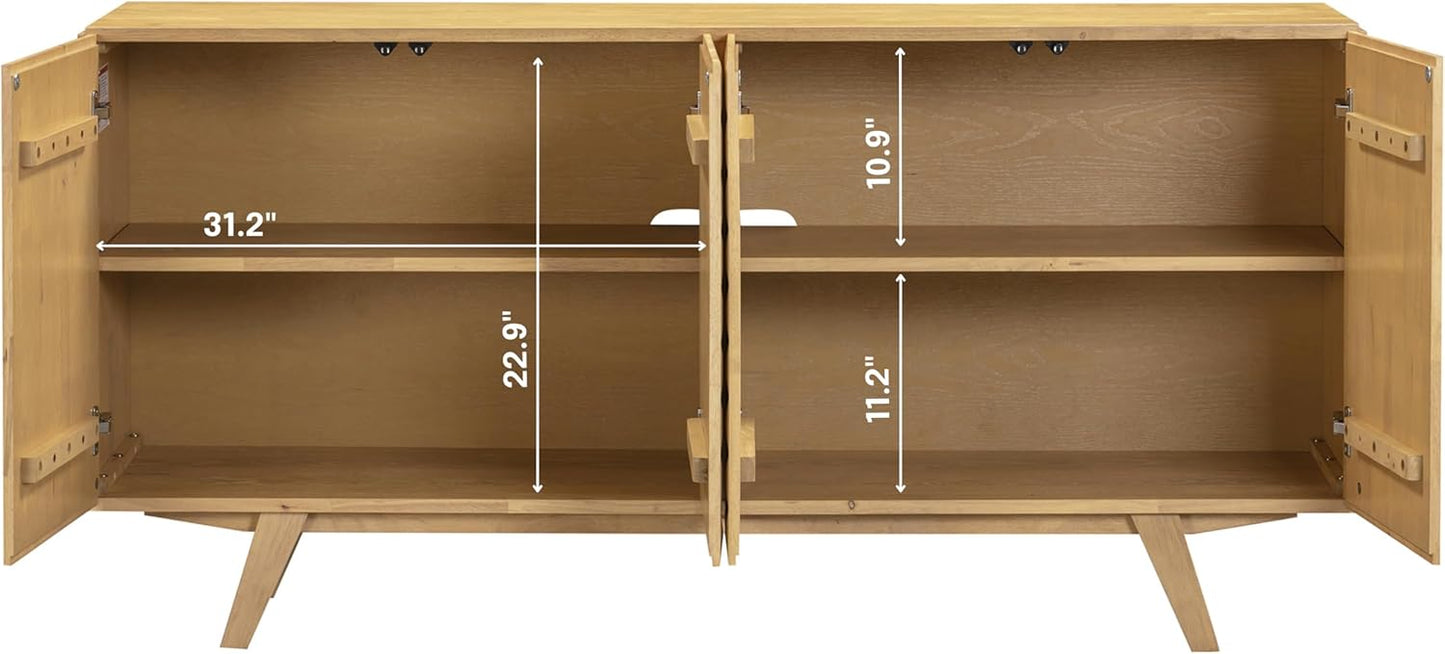 NTC Sapa Mid-Century Modern Solid Wood Sideboard – 4-Door Accent Buffet Cabinet with Carved Geometric Fronts, for Living Room, Dining Room, or Entryway, Effortless Assembly, Sand