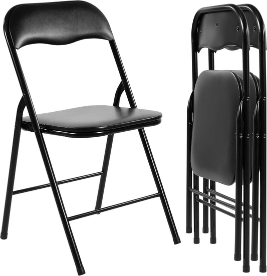 HealSmart 2 Pcs Folding Chairs with Leather Padded Cushion Seats, Back & Sturdy Metal Frame, Stackable, Portable, Commercial Event Seat, Indoor Outdoor for Parties, Home Event, Office, Black