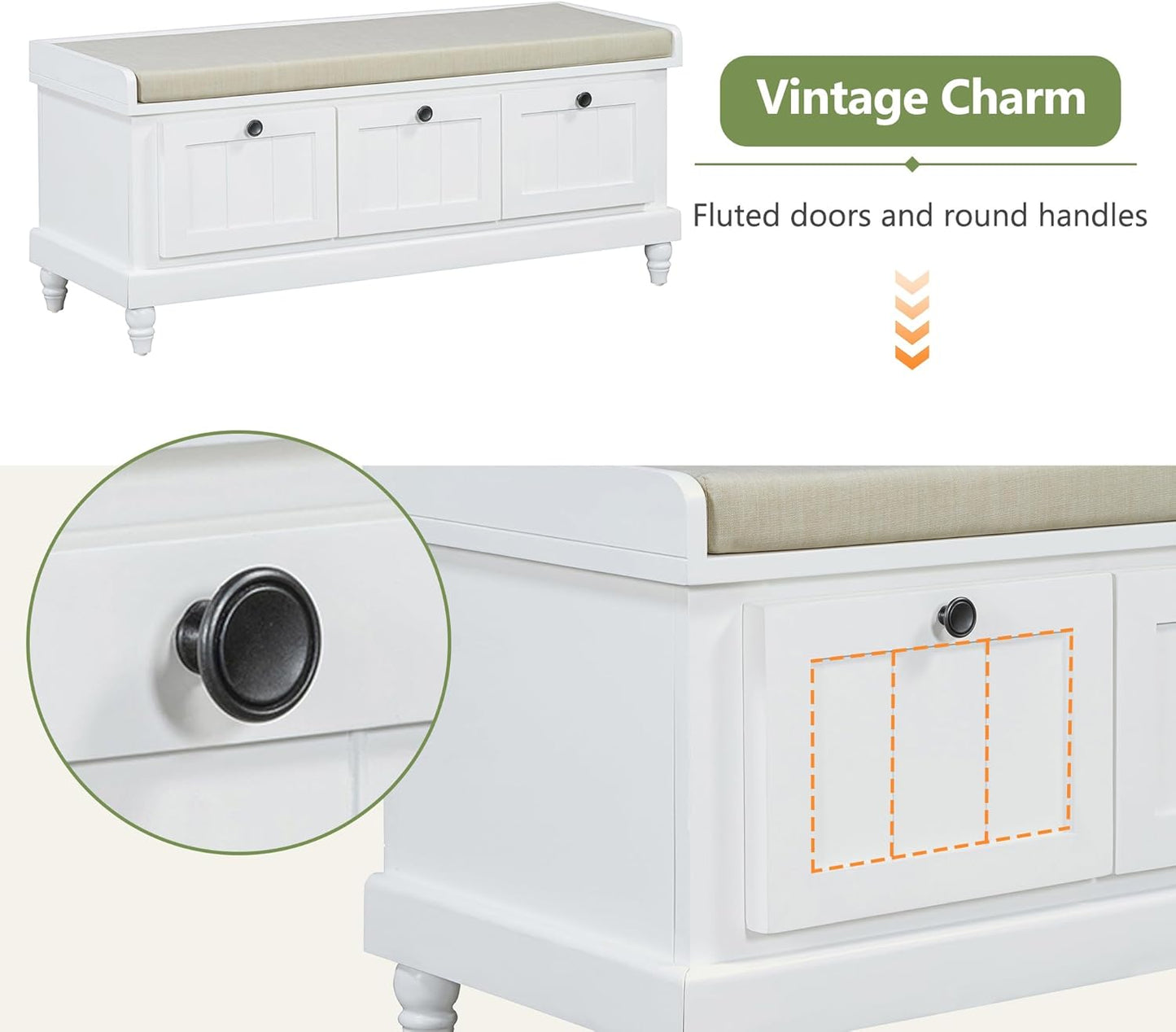 Merax Classic Storage Bench with Cushioned Seat and Three Drawers for Entryway & Living Room & Bedroom, White