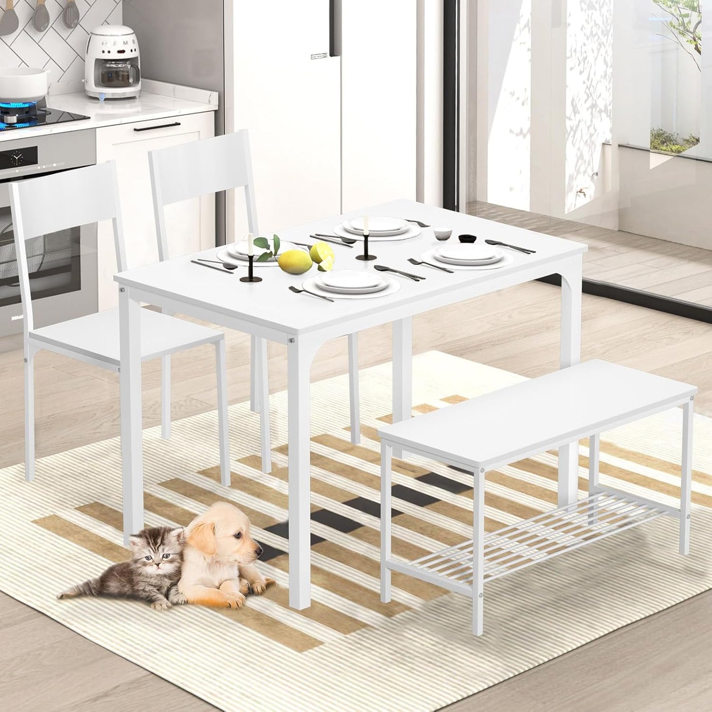 SogesHome Kitchen Table Set for 4, Compact Dining Table Chair Set with Bench, 4 Piece Table with Built-in Storage Racks, Metal Frame, for Apartment, Restaurant, White