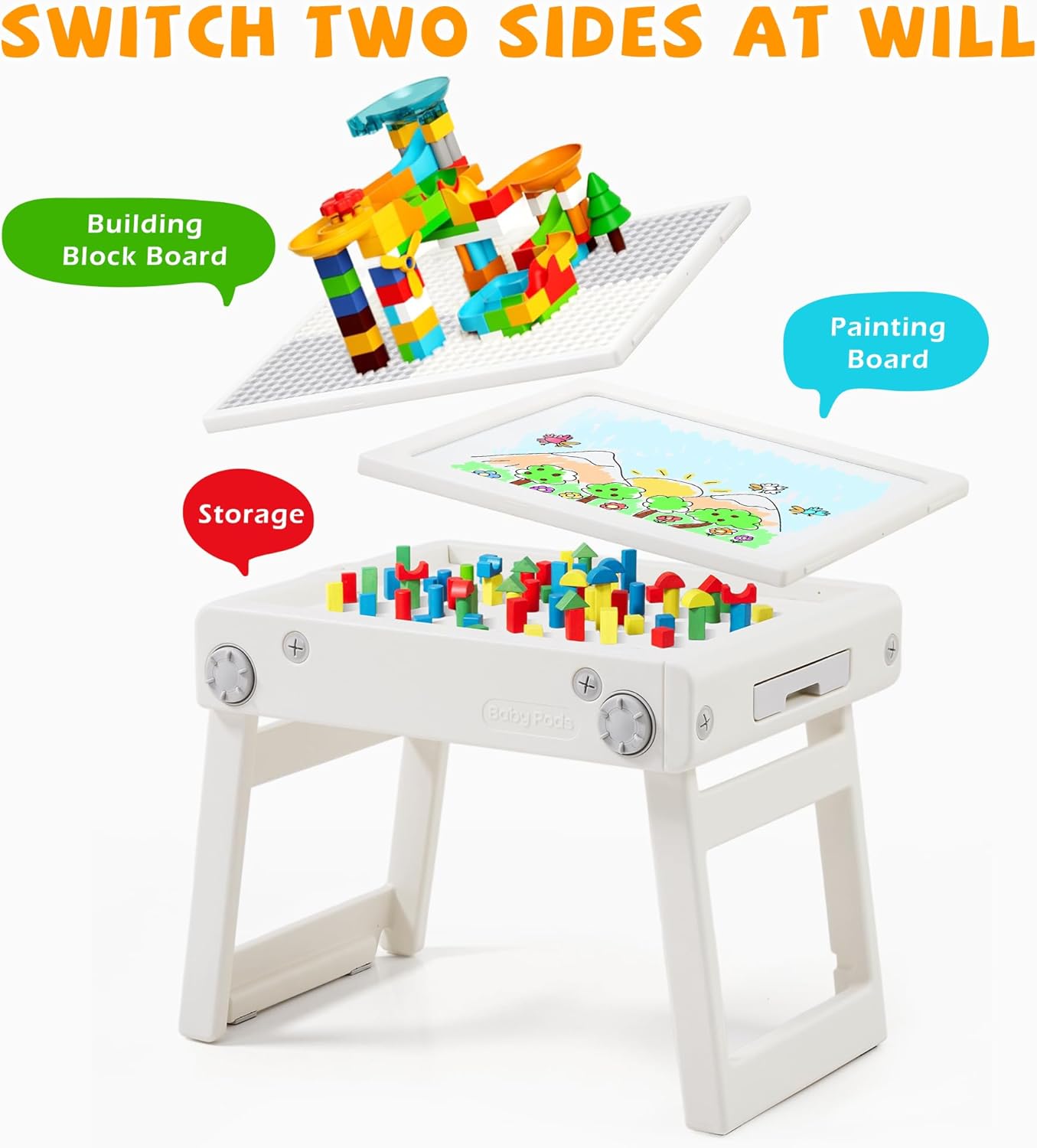 Toddler Table and Chair Set, Foldable Building Block Table for Kids, Double-Sided Drawing & Building Kids Activity Tables, Include 5 Markers & Board Eraser