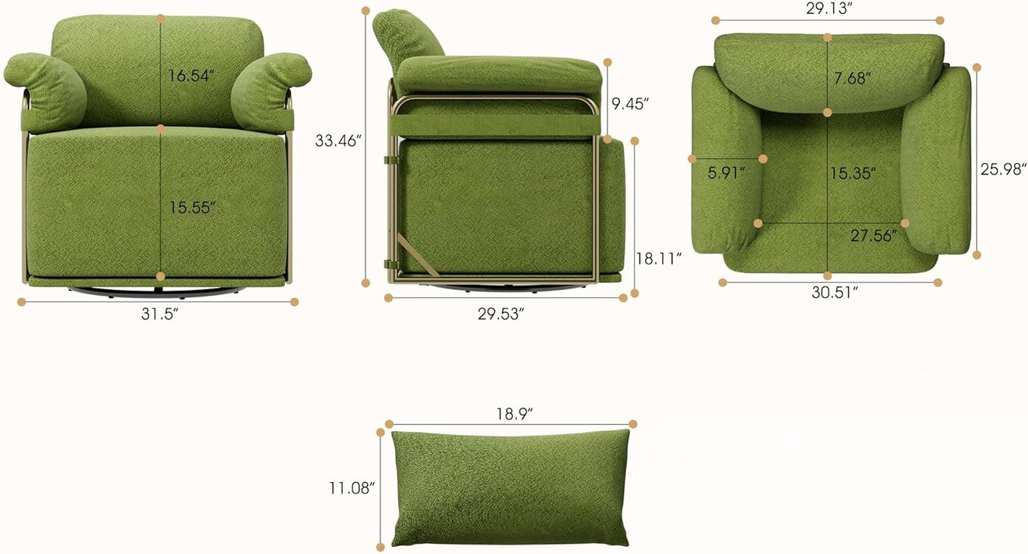 KEIKI Modern Comfy Swivel Accent Reading Chair with Waist Pillows, 360°Square Upholstered Barrel Armchair Single Club Lounge Sofa Chairs for Living Room,Bedroom,Office,Green