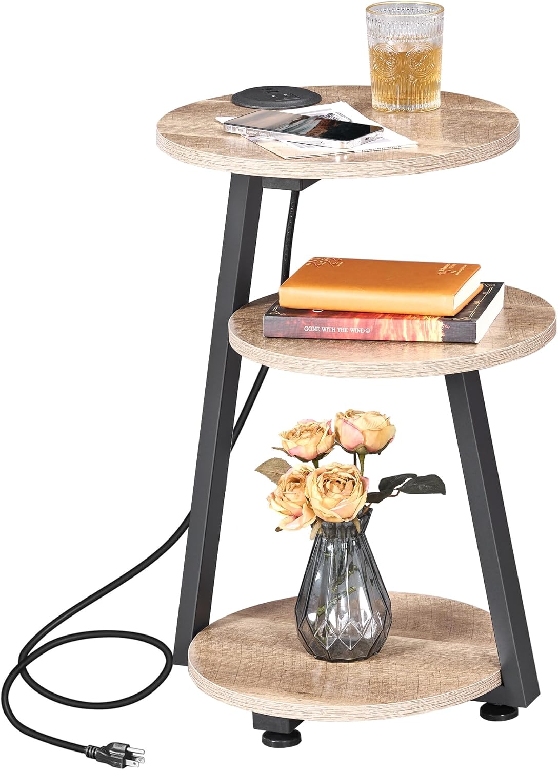 BEWISHOME Round End Table with Charging Station, Side Accent Table with 3-Tier Shelves, Small Couch Table for Living Room Greige KTZ51G