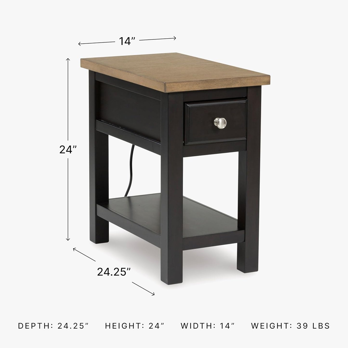 Signature Design by Ashley Drazmine Casual 1 Drawer Chair Side End Table with USB Charging Ports, 1 Lower Shelf and Power Cord, Light Brown & Black