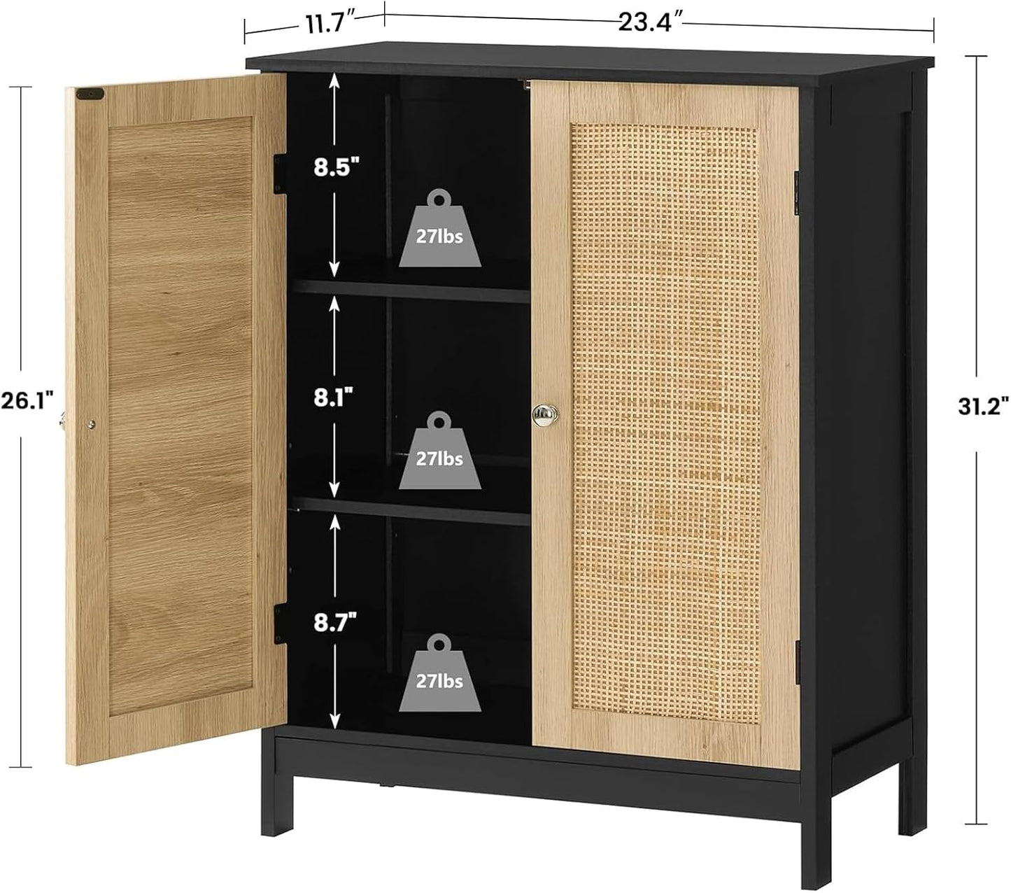 Iwell Storage Cabinet with Rattan Doors, Bathroom Storage Cabinet with Adjustable Shelf, Floor Cabinet for Living Room, Entryway, Kitchen, Home Office, Black