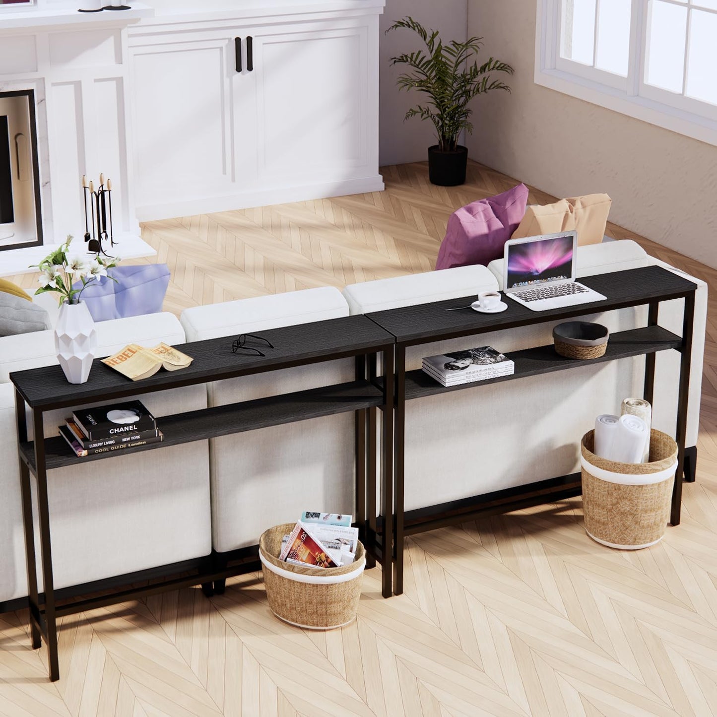 Narrow Console Table, 39.4” Sofa Table with Adjustable Shelf, 2-Tier Long Skinny Table for Hallway, Entryway, Living Room, Foyer, Black