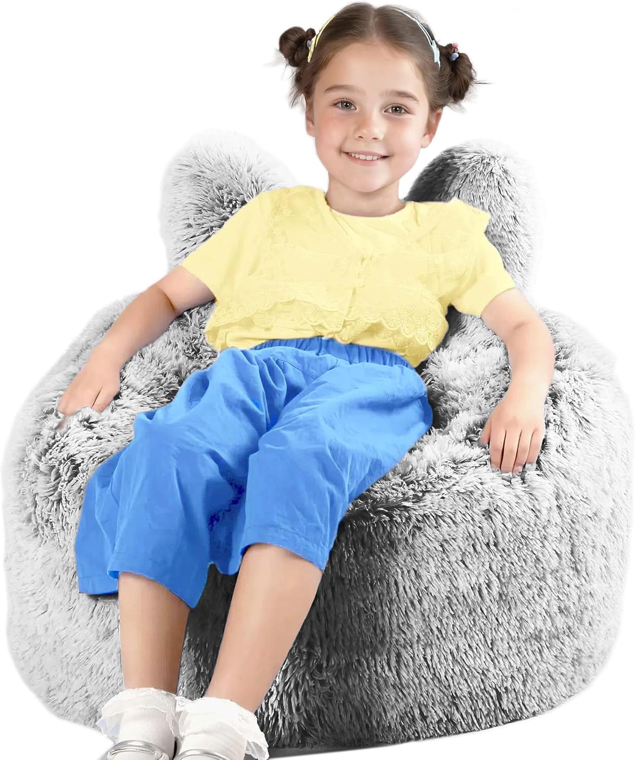 Bean Bag Chair for Kids with Plush Faux Fur Cover, 2.5FT Memory Foam Filled Bean Bag for Teens & Kids, Lazy Sofa for Living Room/Bedroom/Dorm, Rabbit-Ears Design