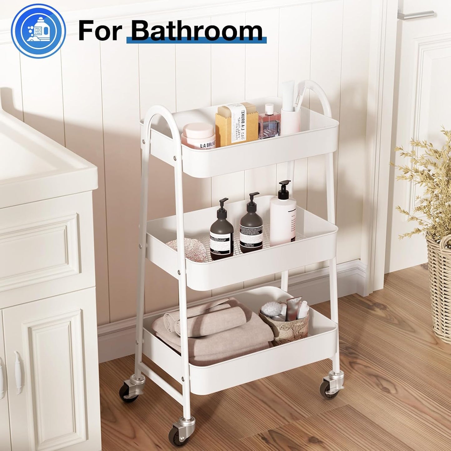 OLIXIS 3 Tier Utility Rolling Cart, Metal Mobile Storage Shelf with Lockable Caster Wheels, Organization for Livingroom, Bathroom, Kitchen, & Narrow Places, White