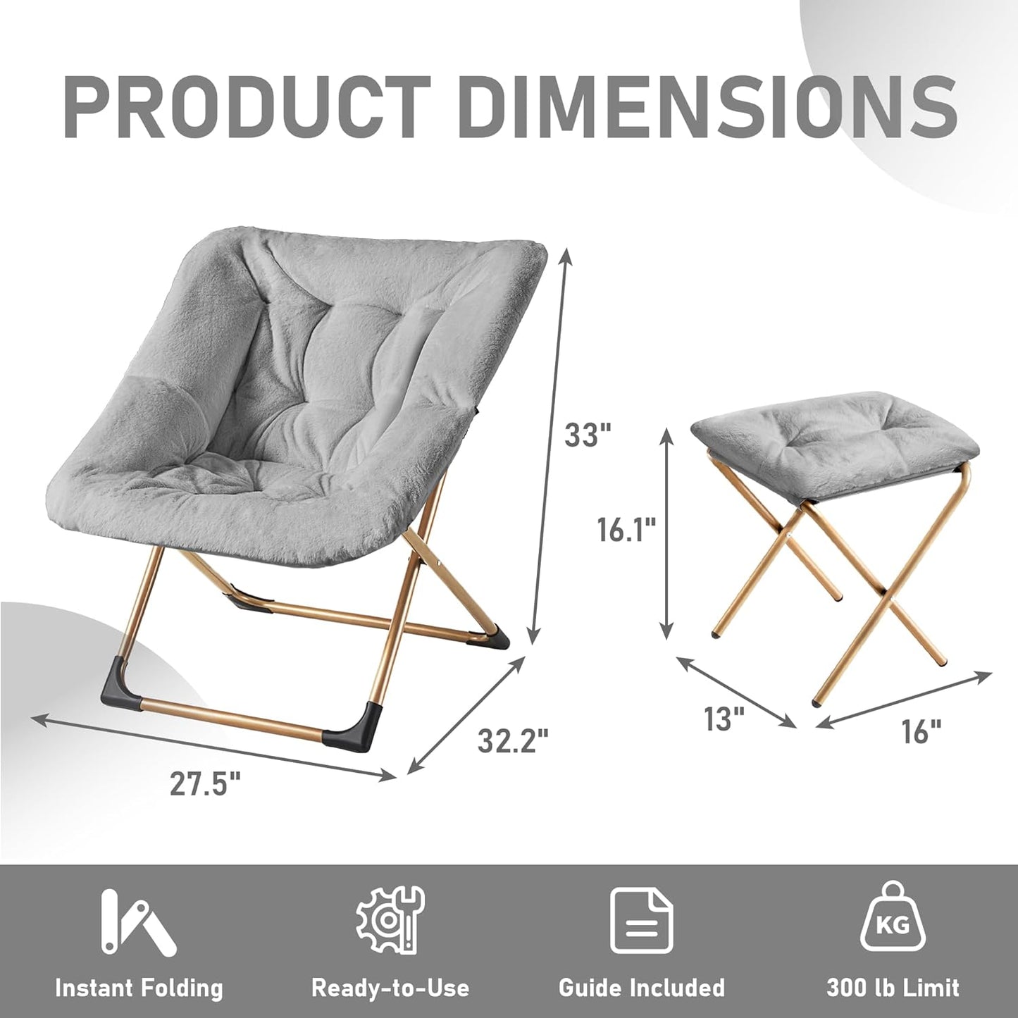 Comfy Oversized Saucer Chair with Ottoman,Soft Faux Fur Reading Lounge Chair for Adults,Stable X-Large Metal Frame and Non-Slip Pad,Cozy Chair for Bedroom, Living Room, Dorm, Light Gray