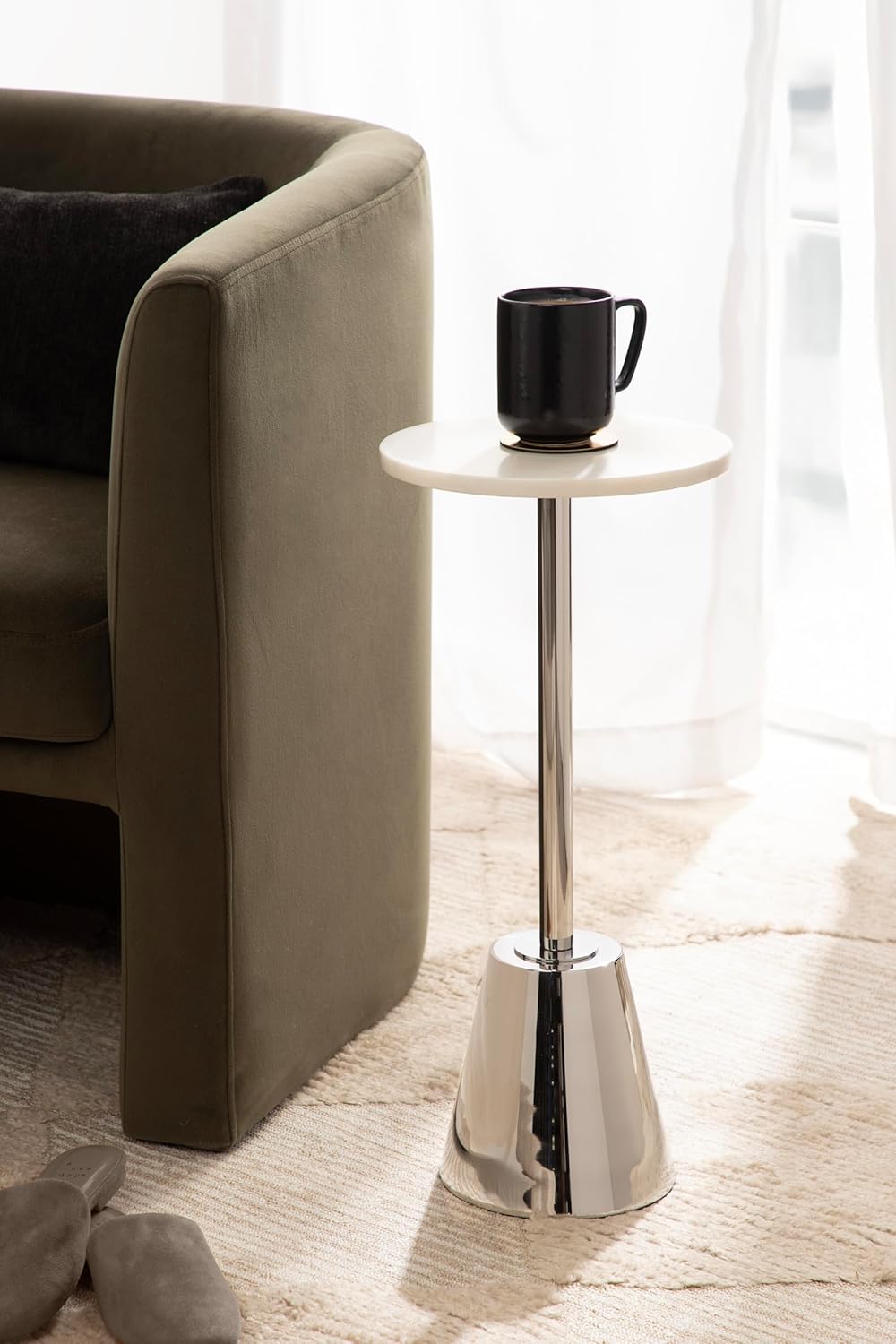 Kate and Laurel Tira Elegant Round Drink Table, 10 x 22, White Marble and Silver, Modern Glam Circle Martini Table for Use as a Small Bedroom Nightstand or Living Room Plant Stand Option