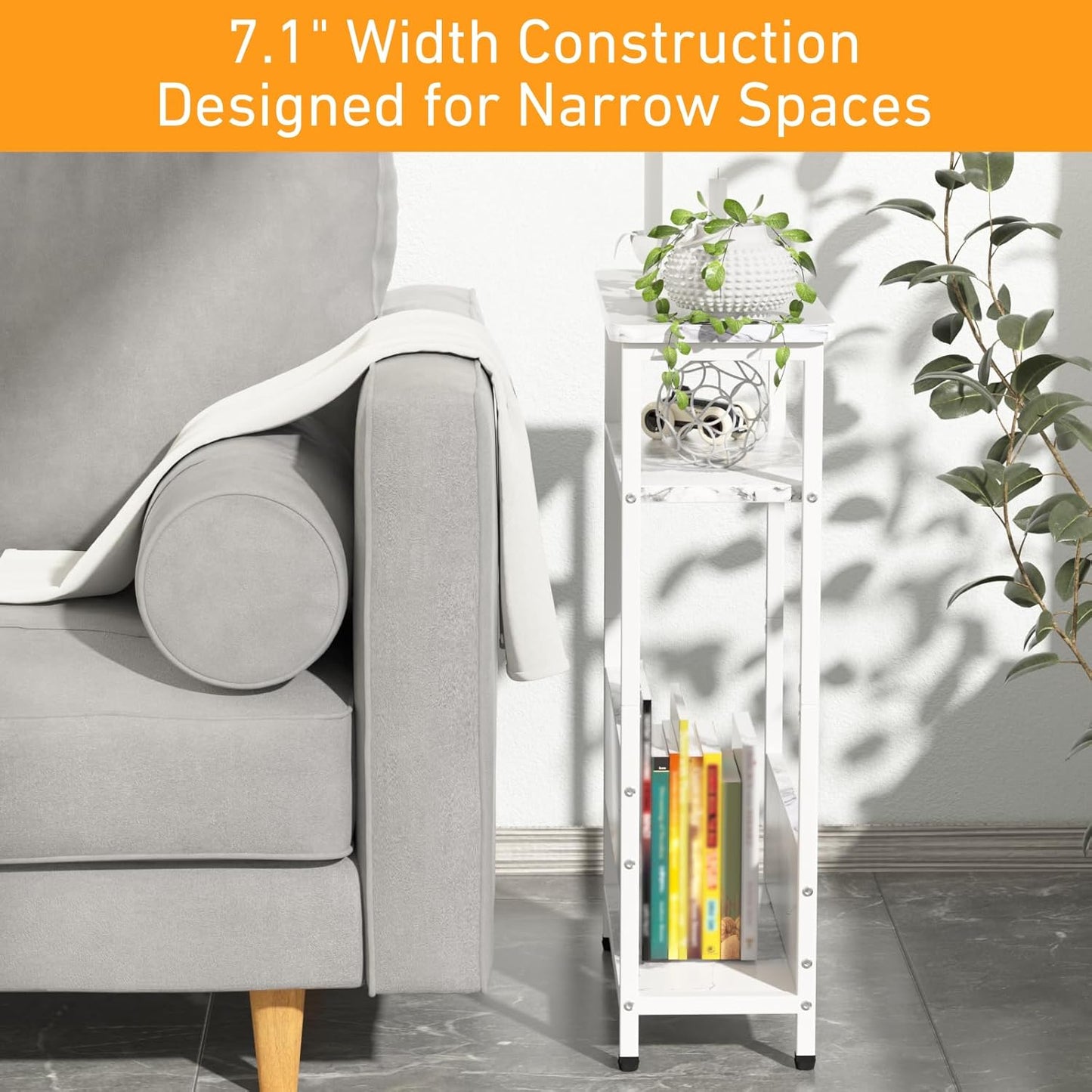 7.1" Narrow Side Table for Small Spaces, 3 Tier Small End Table with Magazine Holder, Slim/Skinny Nightstand/Bedside Table, 15.4" L x 24.2" H, Faux White Marble with White Legs