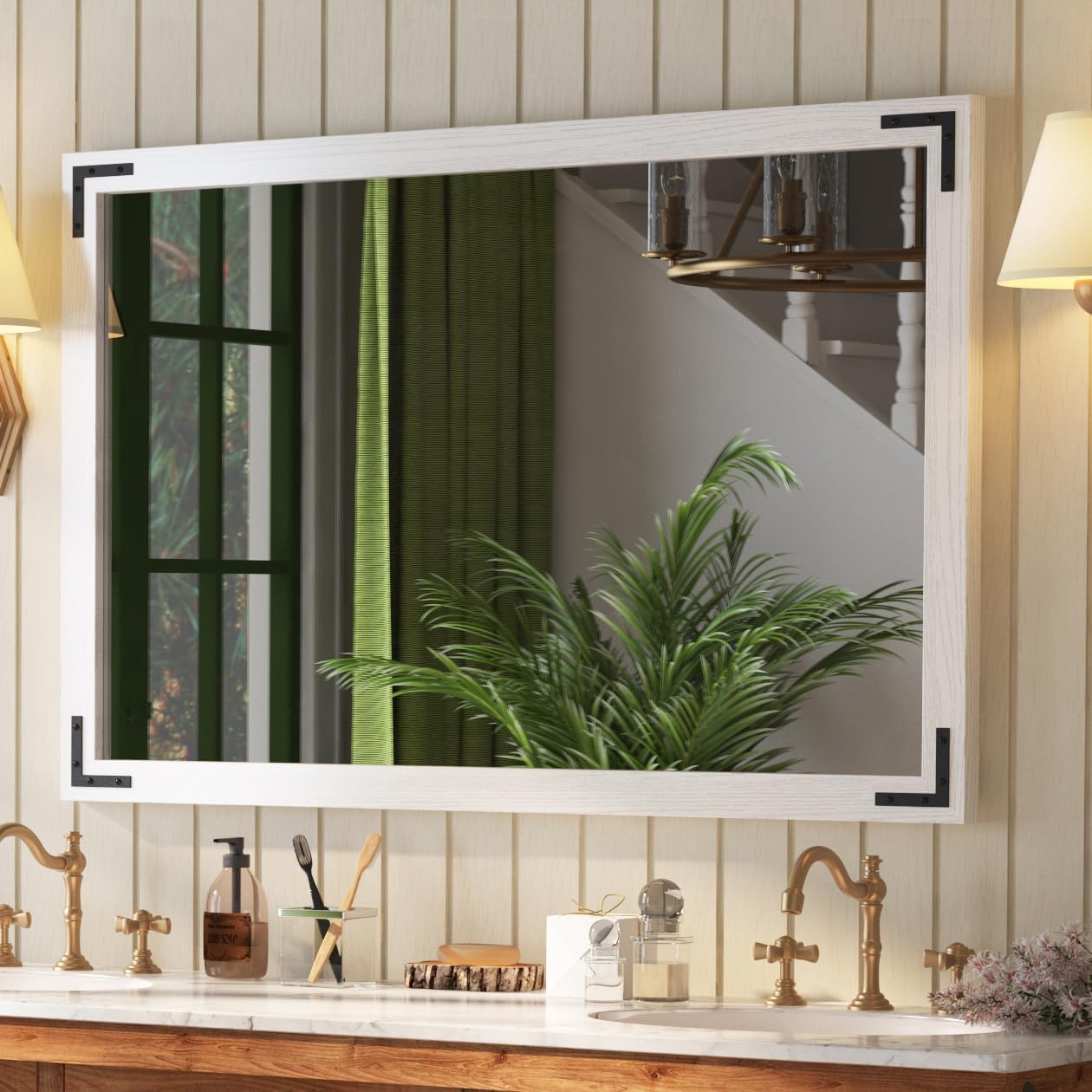 VocalStar White Wood Framed Mirror 48 x 32 Inch, Rustic Natural White Wooden Rectangle Bathroom Vanity Wall Mirror for Farmhouse Boho Decor, 1/4-inch Shatterproof Glass | Waterproof