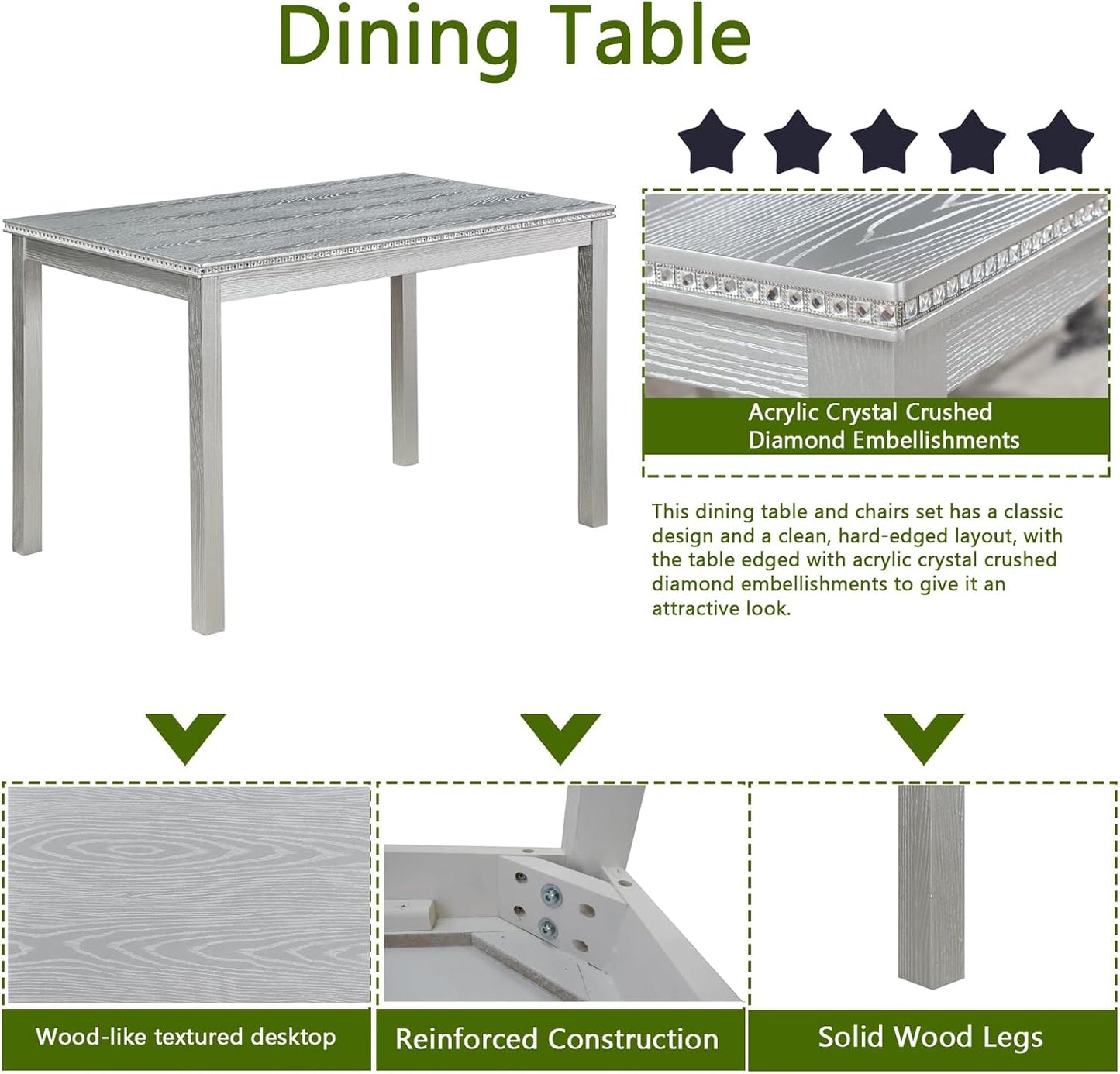 Ball & Cast 5 Piece Dining Table Set,Kitchen Table Set for 4 W/ 45.5" Rectangular Wooden Dining Table,Living Room Furniture W/ 4 Upholstered Chairs,for Dining Room,Kitchen,Silver Grey