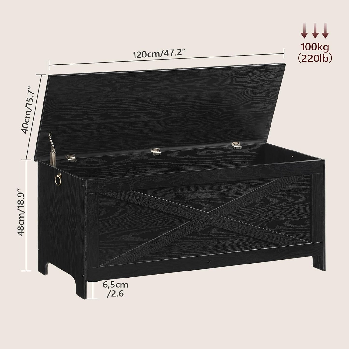 47.2" Toy Chest, Sturdy Entryway Storage Chest with Safety Hinge, Retro Toy Box, Wooden Look Accent Furniture for Living Room, Bedroom, Black SCBK48801