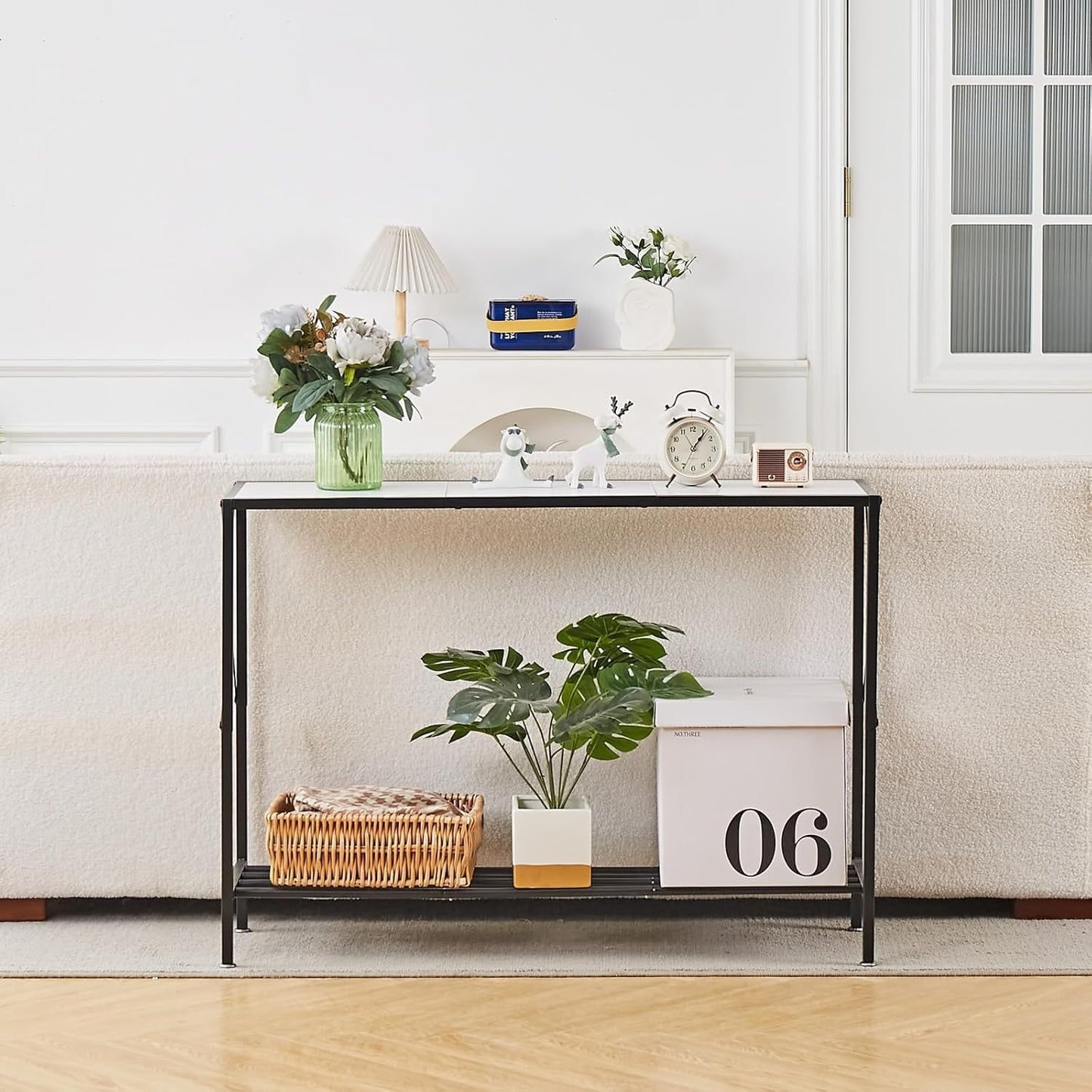 Wimarsbon Console Table,Multifunctional Sofa Side Table with Shelves,Behind Couch TV Tables with Metal Frame,Accent Display Stand for Hallway,Entrance (41.9" 2-Layer White Faux Marble + Black Frame)