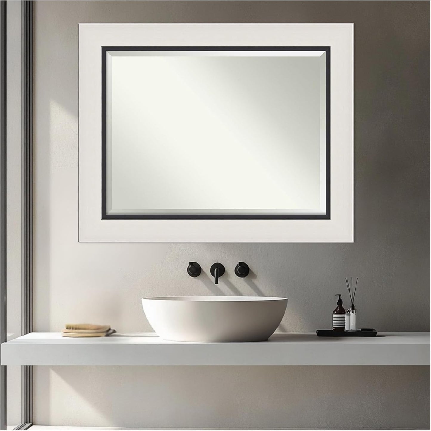 Amanti Art Silver Bathroom Mirror for Over Sink, 30x24 Ellie Silver Black Rectangle Vanity Mirror, Medium Modern Contemporary Frame, Hangs Horizonally and Vertically, Bathroom Wall Decor, Beveled Edge