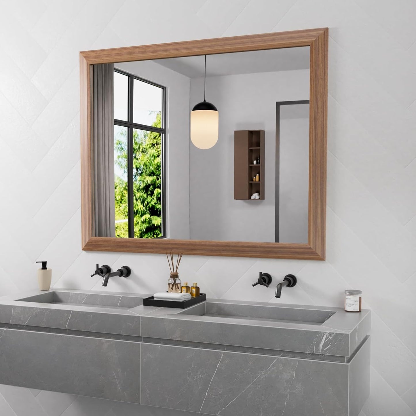 Amorho 40X32 Inch Bathroom Mirror for Wall, Walnut Wood Grain Metal Framed Mirror, Anti-Rust, Hang Horizontally/Vertically, Suitable for Vanity, Bedroom, Farmhouse, Bathroom