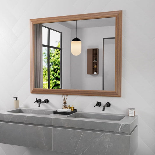 Amorho 40X32 Inch Bathroom Mirror for Wall, Walnut Wood Grain Metal Framed Mirror, Anti-Rust, Hang Horizontally/Vertically, Suitable for Vanity, Bedroom, Farmhouse, Bathroom