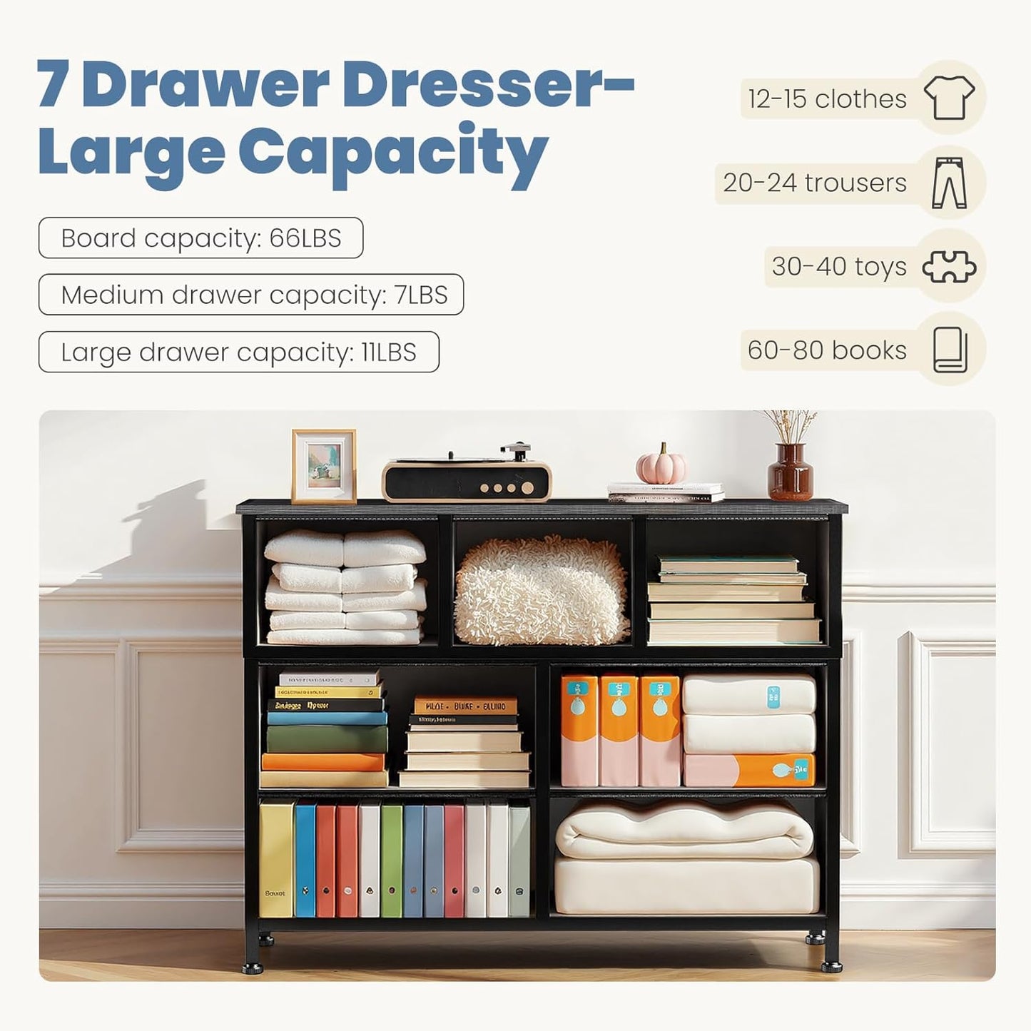 DUMOS Dresser for Bedroom, Chest of Drawers, Closet Storage with 7 Drawers, Cloth Dresser Clothes Organizers Tower with Fabric Bins, Metal Frame, Wood Tabletop for Nursery, Guest Room, Living Room