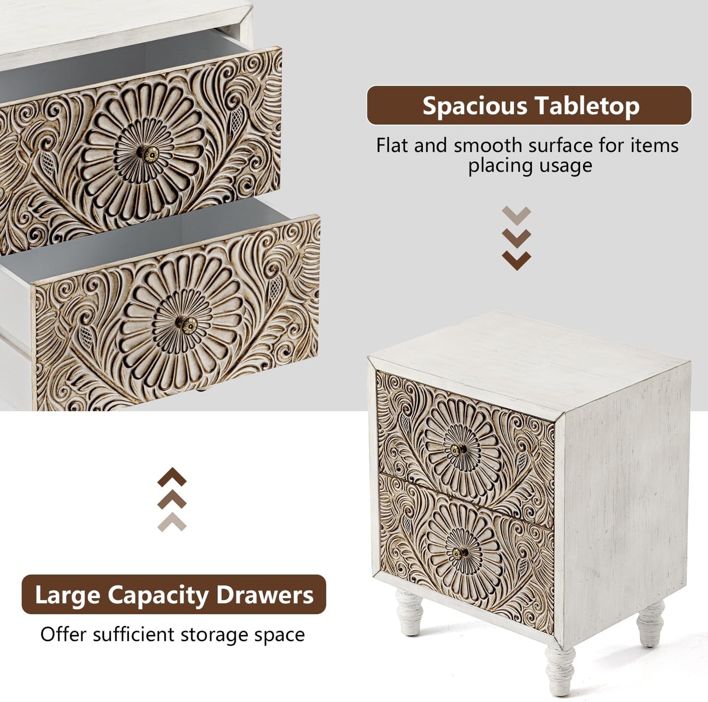 COSIEST Nightstand, 14" D x 18" W x 21.5" H MDF End Table with 2 Drawers, Vintage Style Wood Bedside Table, Bedroom Accessories for Home, Office, College Dorm