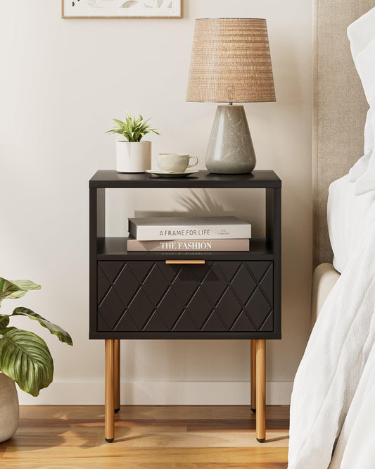 Nightstand,Morden Bedside Table with Gold Frame,Small White Night Stand,End Table,Bedside Furniture,Side Table with Drawer and Shelf for Bedroom,Living Room (1Drawer, Black-Square)