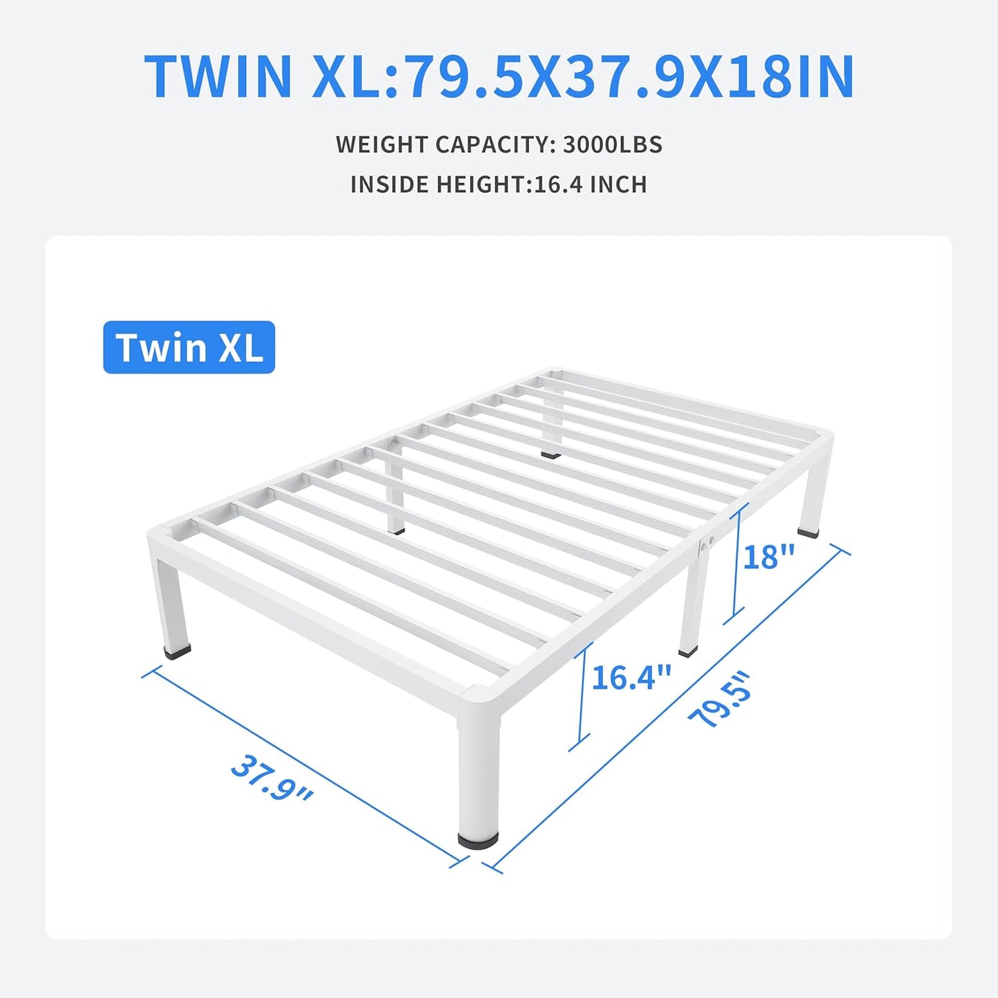 MAF 18 Inch Twin XL Bed Frames White with Round Corner Legs Mattress Slide Stopper No Box Spring Needed Heavy Duty Metal Platform Bed Frame Under-Bed Storage Space, 3000 LBS Steel Slats Support