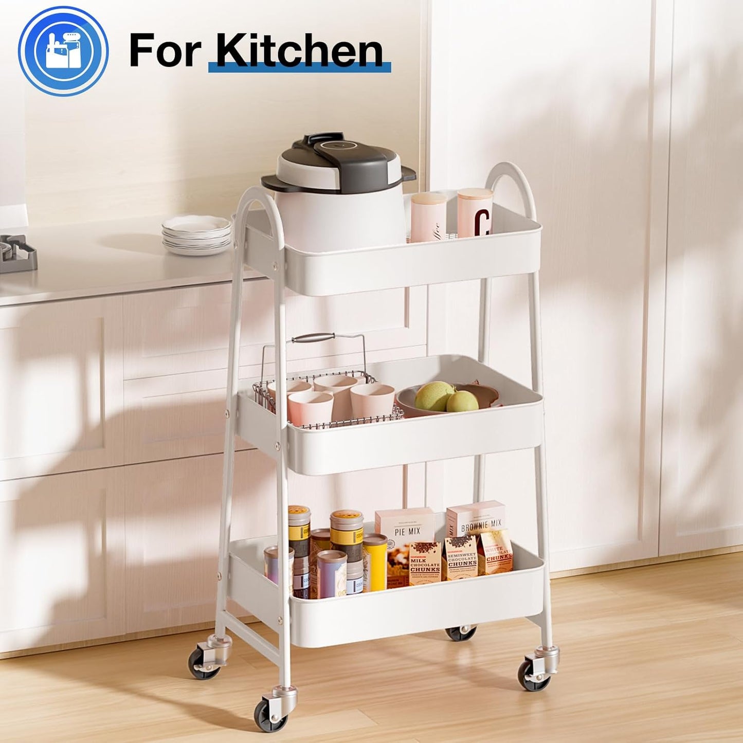 OLIXIS 3 Tier Utility Rolling Cart, Metal Mobile Storage Shelf with Lockable Caster Wheels, Organization for Livingroom, Bathroom, Kitchen, & Narrow Places, White