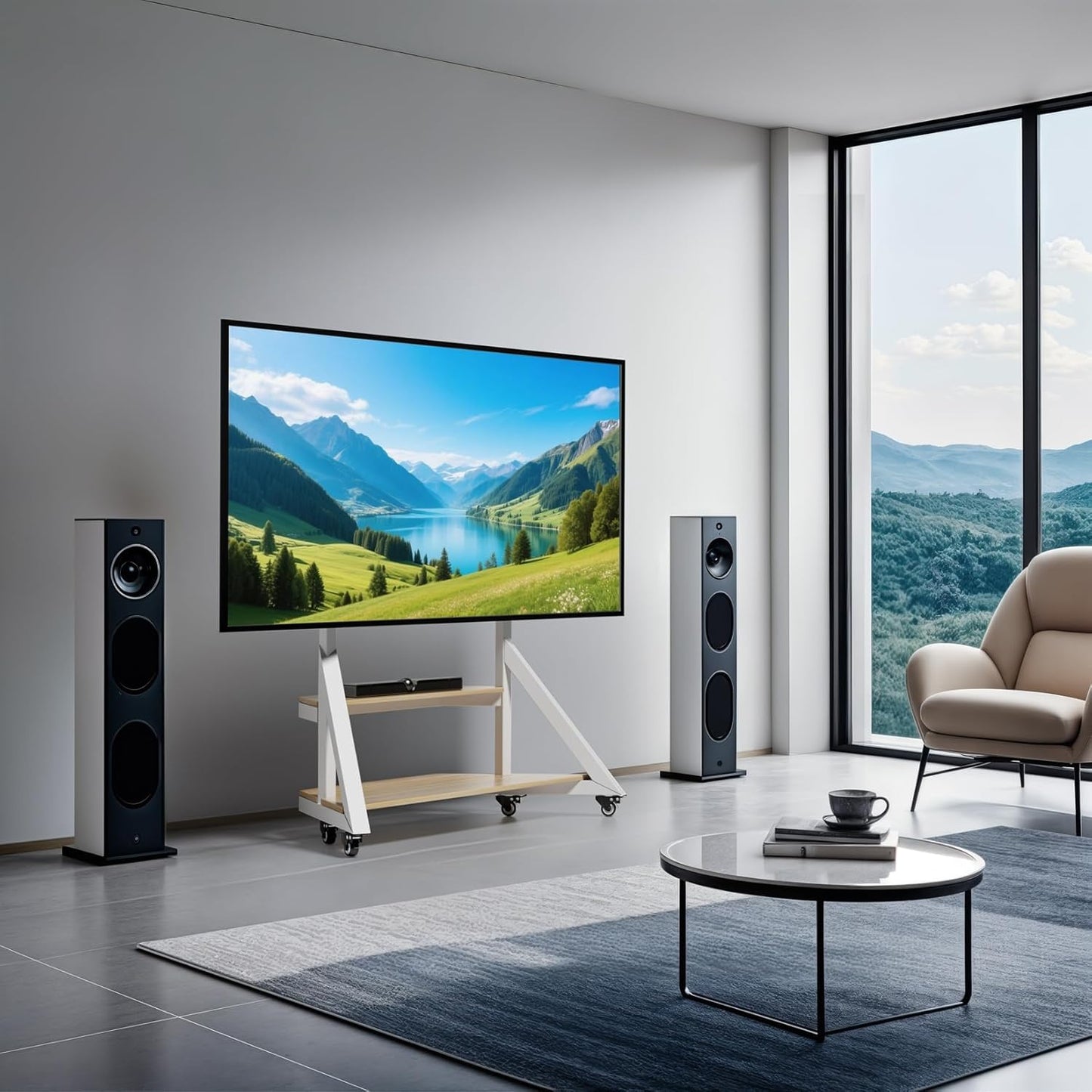 unho White TV Floor Stand with Wheels Shelves for 65 to 100 inch Large LCD/LED Flat Curved Screen up to 220lbs, Adjustable Heights TV Mount Stands VESA 800x600mm, Rolling TV Stand for Bedroom Office