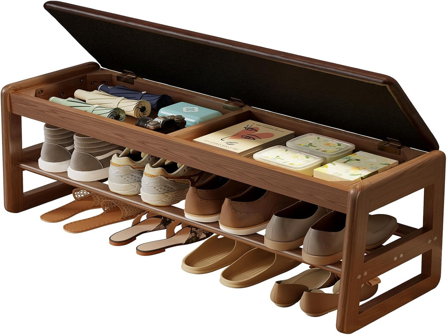 Shoe Rack Bench with Cushion, 2 Tiers Shoe Bench with Flip-Top Storage,Wood Shoe Rack for Entryway,Hallway（Walnut,39.3"）
