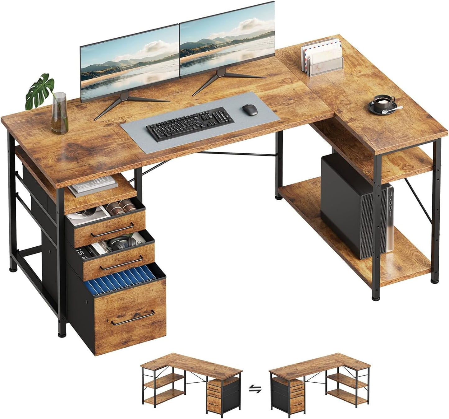 55" Computer Desk with Drawers, Desks for Bedrooms, Writing Desk with Storage, Work Desk for Small Space, Rustic Brown