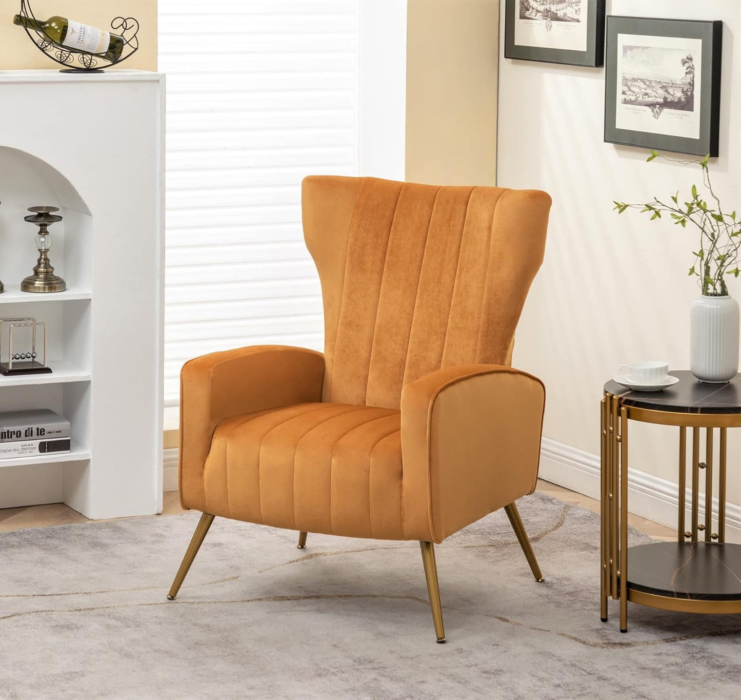 Container Furniture Direct Modern Velvet Accent Chair, Channel Tufted Bedroom, Office or Living Room Furniture with Elegant Metal Legs, 26" Wide Armchair, Mustard Yellow