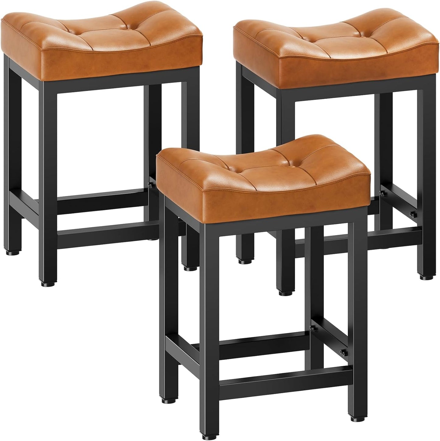 Dripex Backless Saddle Bar Stools Set of 3, Modern Faux Leather 24'' Counter Height Barstools with 4" Thick Seats & Heavy Duty Metal Legs, for Kitchen Island, Bar, Dining Room, Brown