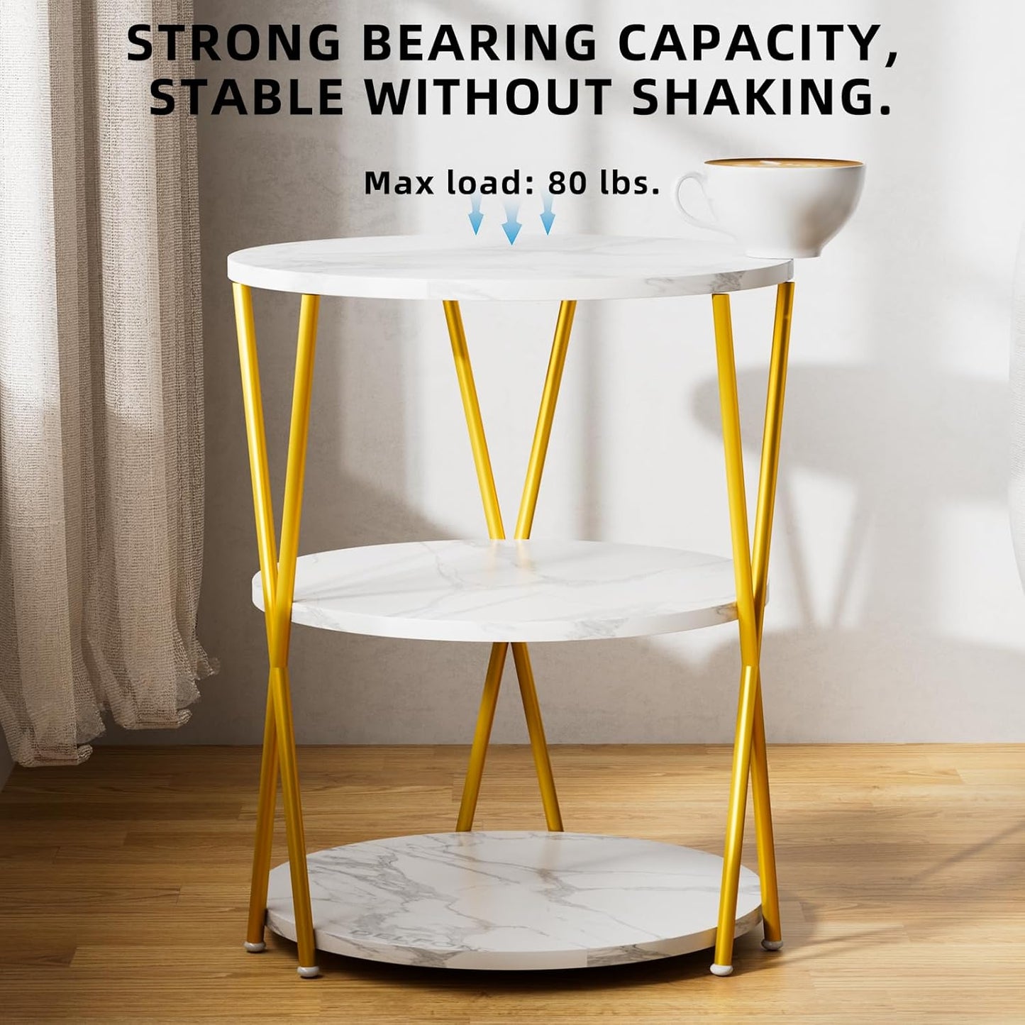 Big Side Table, 3-Tier Large Size Round End Table with X-Leg Design, Nightstand Bedside Table for Living Room, Bedroom, Drink Table Coffee Table for Patio, Indoor Outdoor Use, 16.5''x16.5''x22.8''