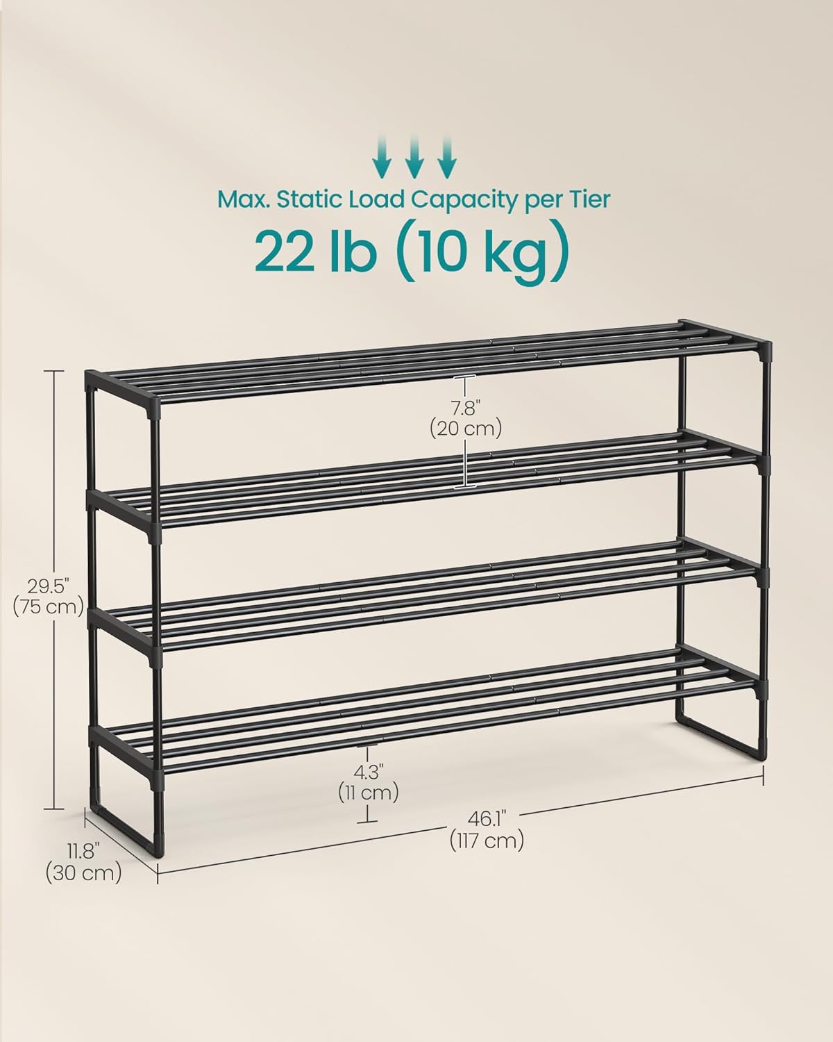 SONGMICS Shoe Rack, 4-Tier Shoe Organizer, Metal Storage Shelf, Upright or Upside Down, for 25-30 Pairs, Stackable, for Entryway, 11.8 x 46.1 x 29.5 Inches, Black ULSA034B01